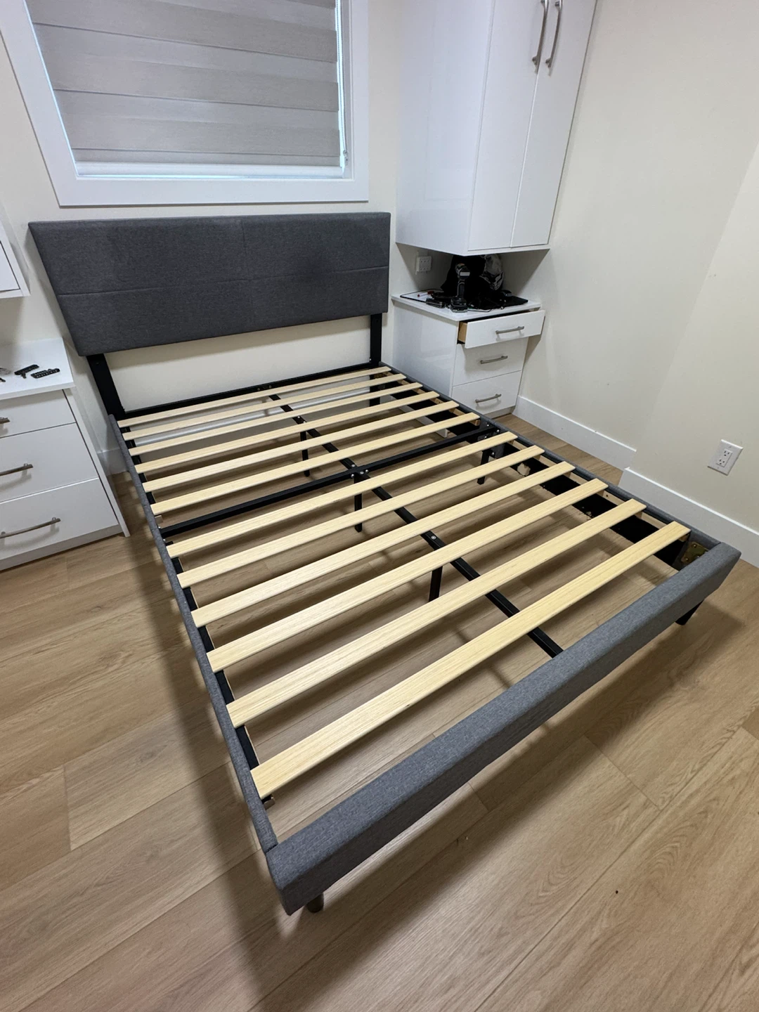 Grey Upholstered Bed Frame with Headboard