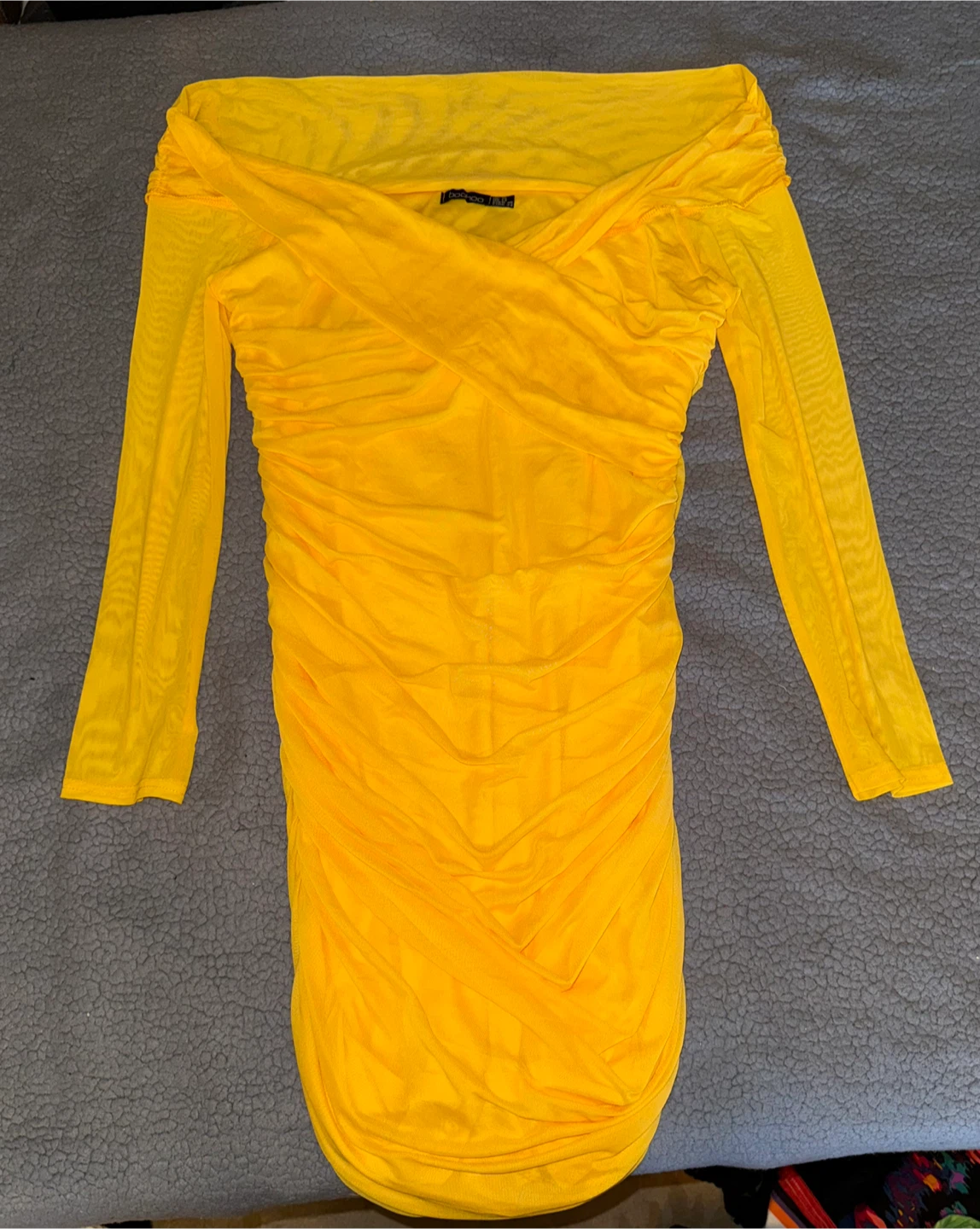 Boohoo Yellow Mesh Ruched Off-the-Shoulder Dress