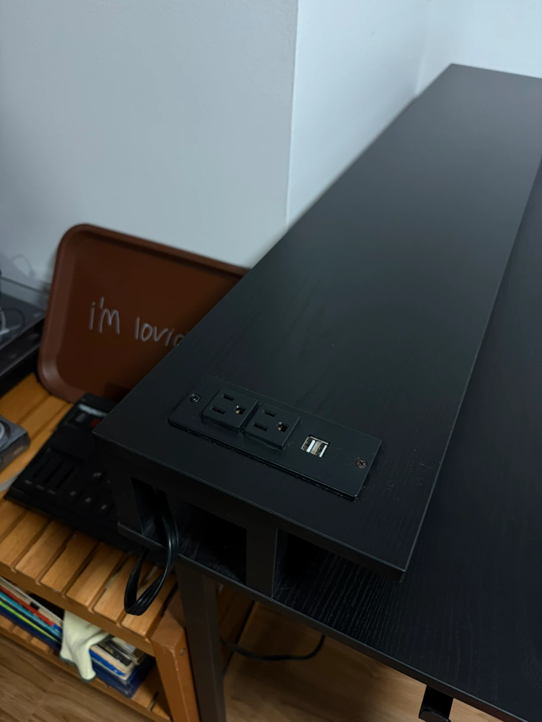 Black computer desk with shelf and power outlets - photo 2