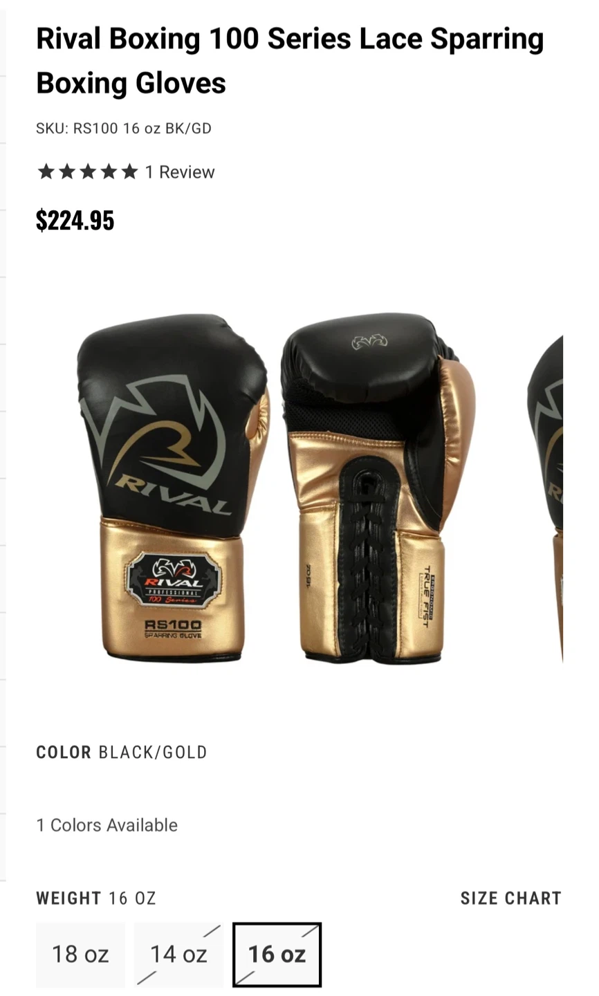 Rival RS100 Professional Sparring Gloves 16oz (Black/Gold) - photo 4
