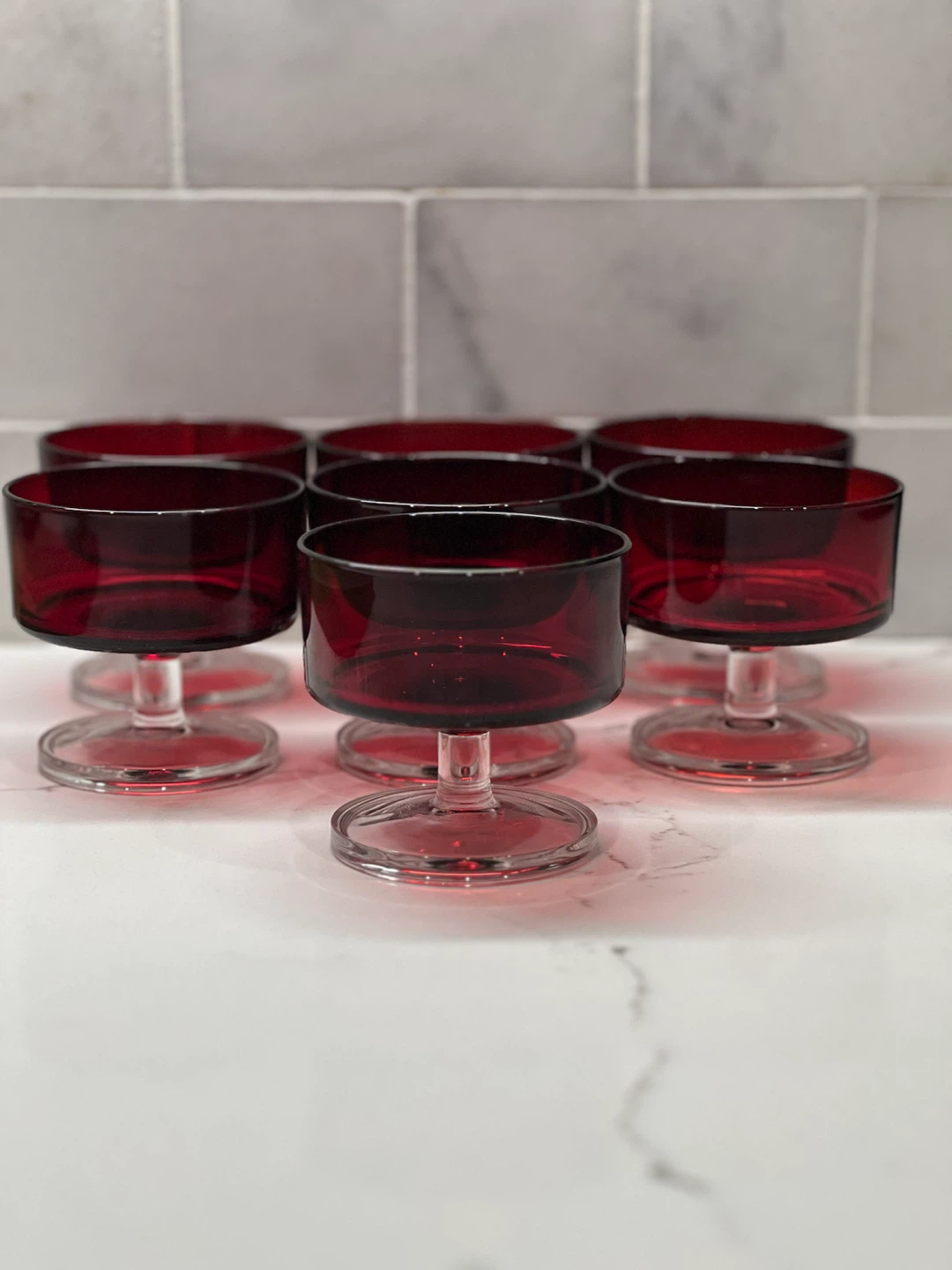 Vintage Mid-Century Ruby Red Coupe Glasses (Set of 7)