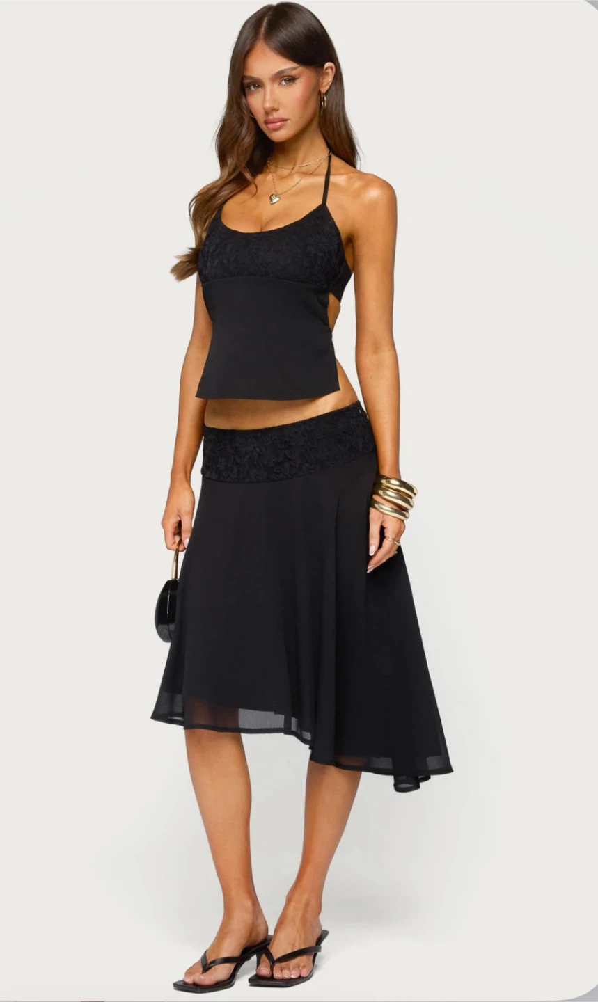 Black Lace Trim Two-Piece Outfit