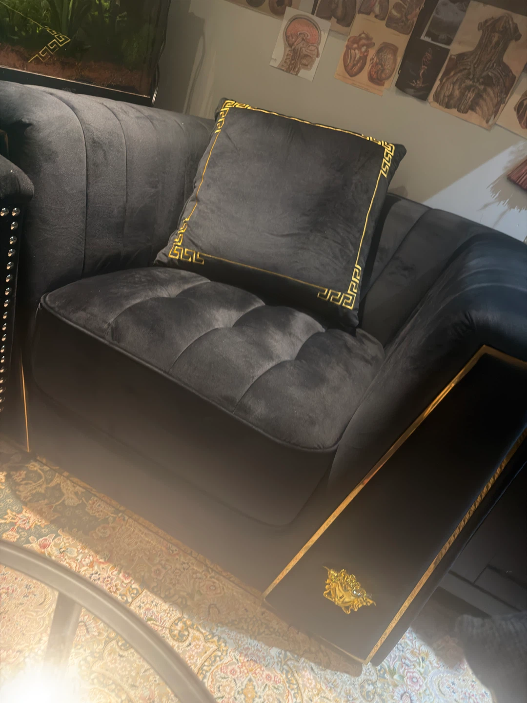 Black Velvet Accent Chair with Gold Medusa Detail