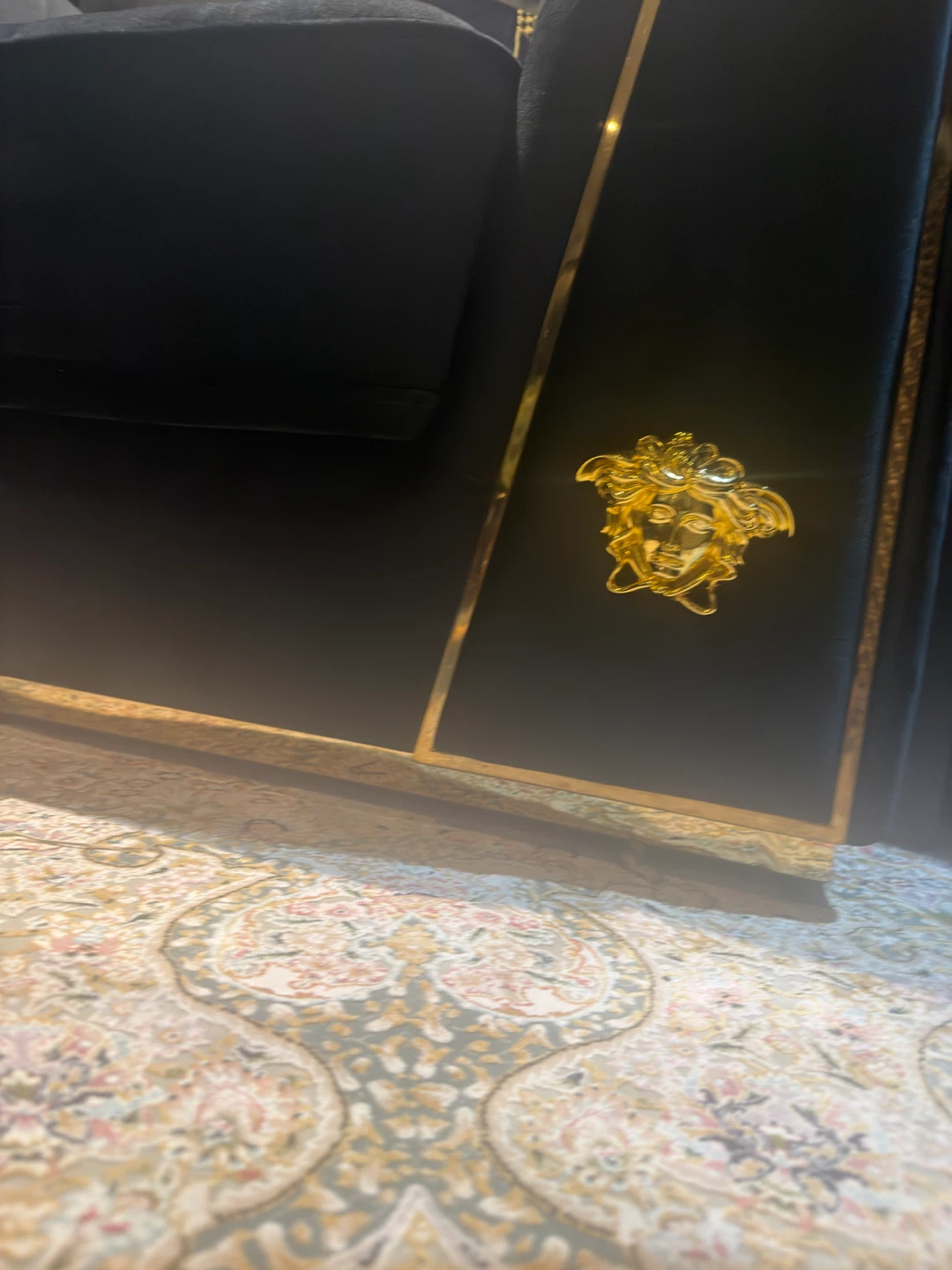 Black Velvet Accent Chair with Gold Medusa Detail - photo 3