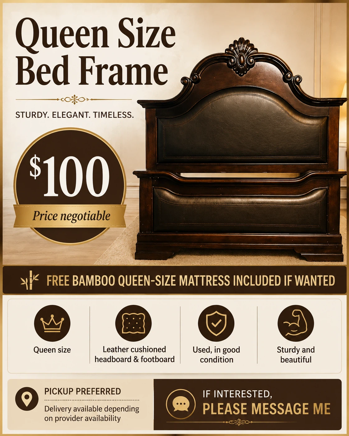 Queen Size Bed Frame with Leather Cushioned Head & Footboard