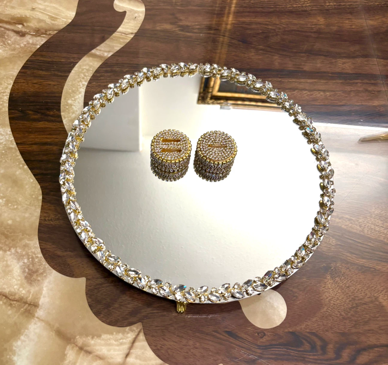 Round mirror tray with gold glass crystal rhinestone trim