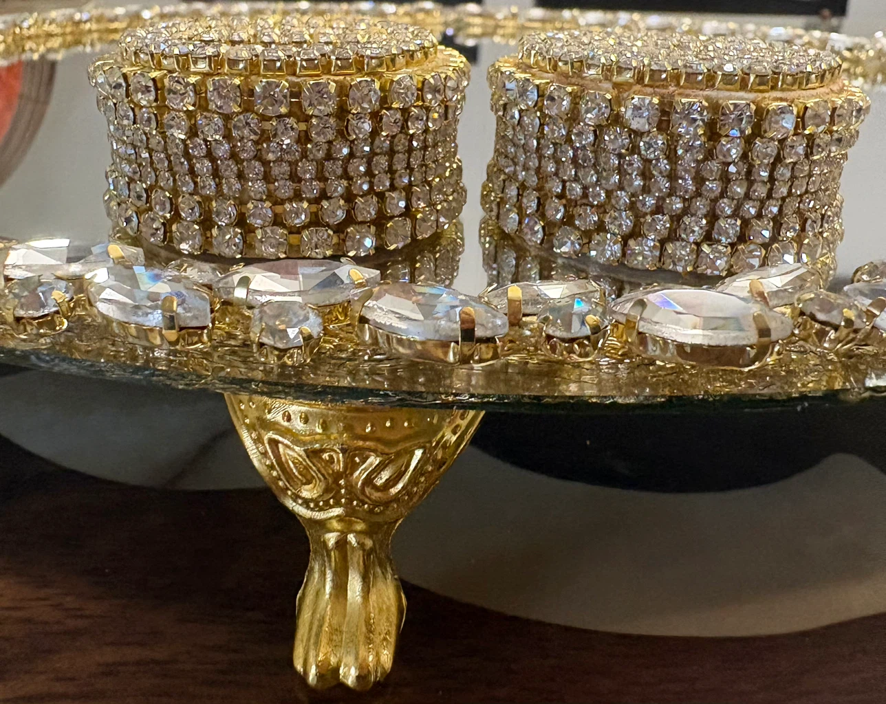 Round mirror tray with gold glass crystal rhinestone trim - photo 2