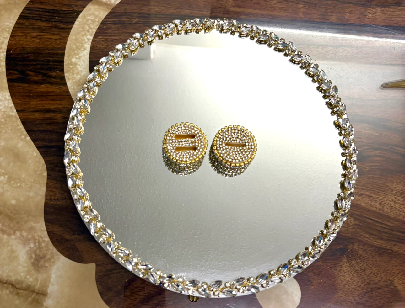 Round mirror tray with gold glass crystal rhinestone trim - photo 5