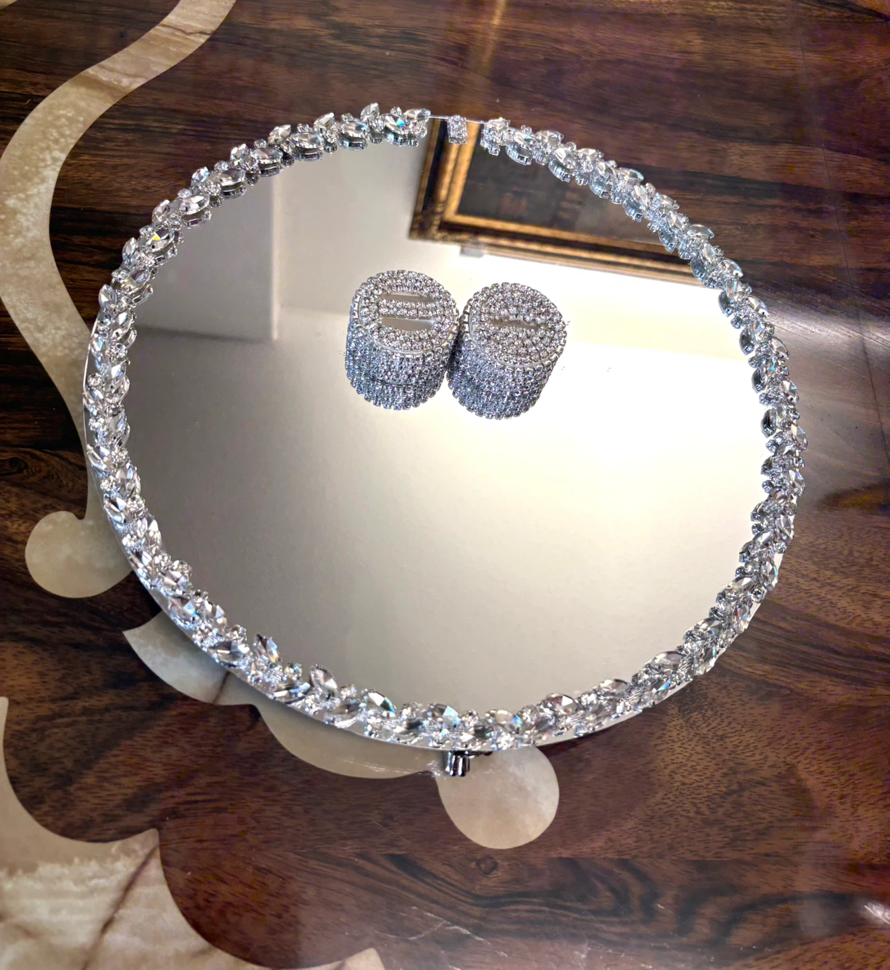 Round mirror tray with silver glass crystal rhinestone trim