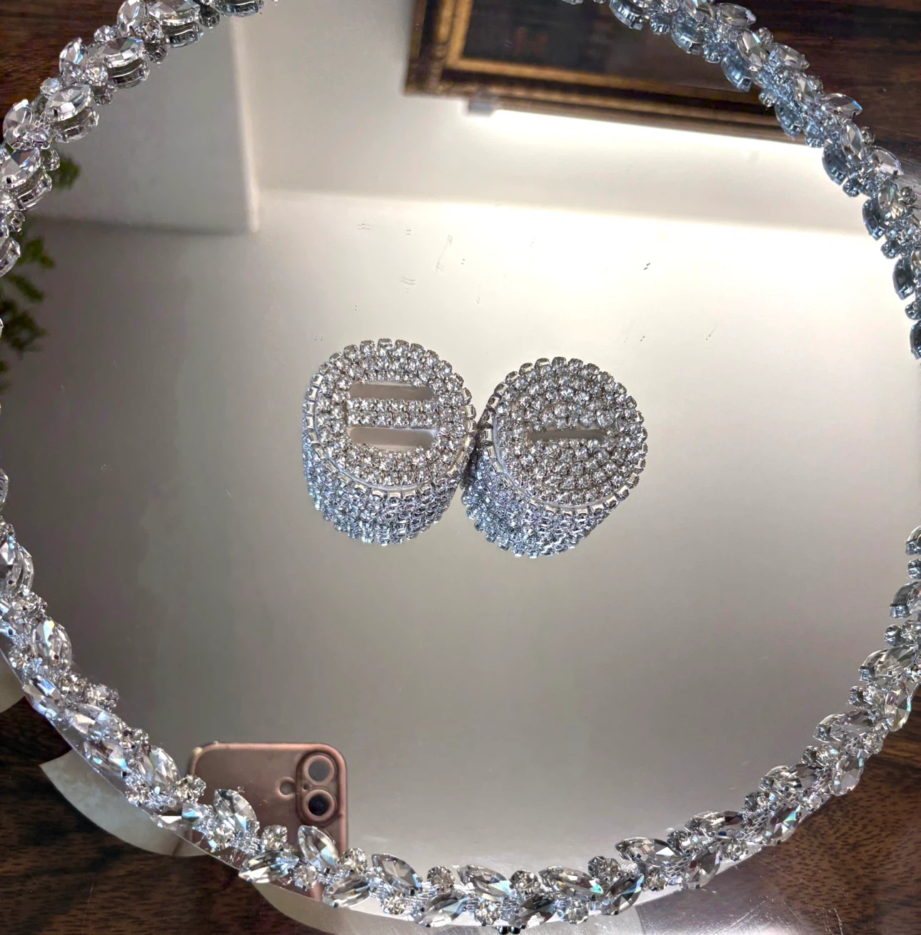 Round mirror tray with silver glass crystal rhinestone trim - photo 2