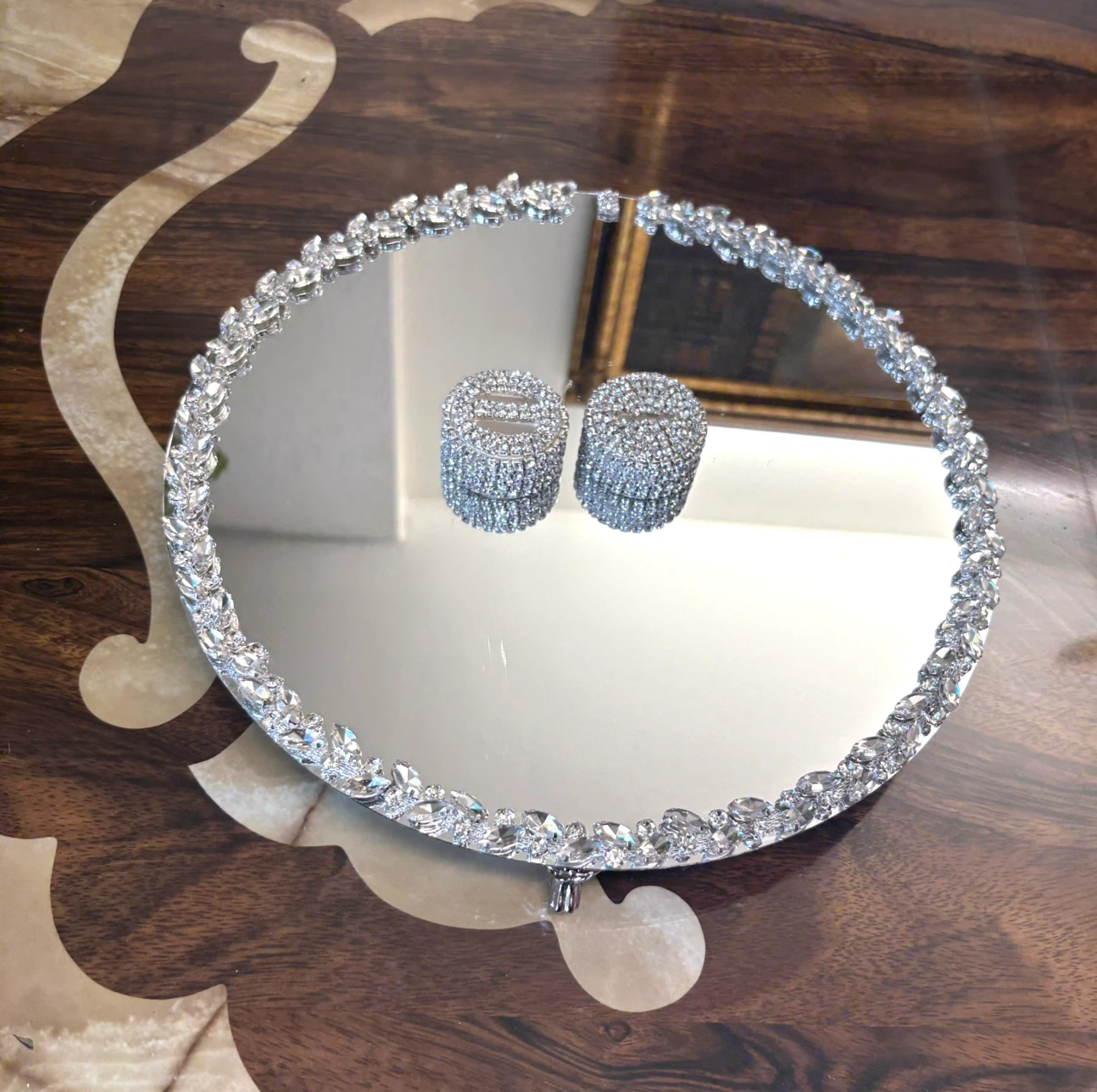 Round mirror tray with silver glass crystal rhinestone trim - photo 5