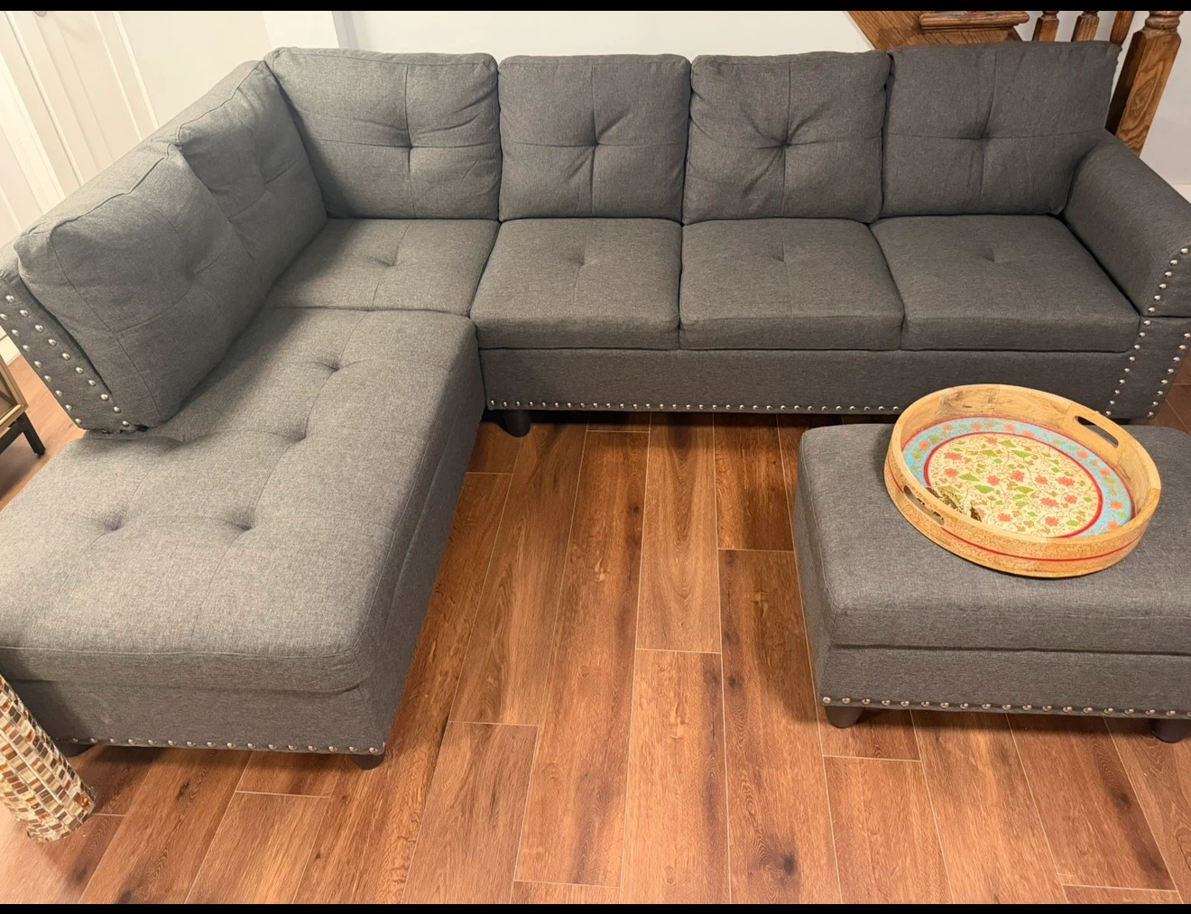 Gray Sectional Sofa with Studded Accents