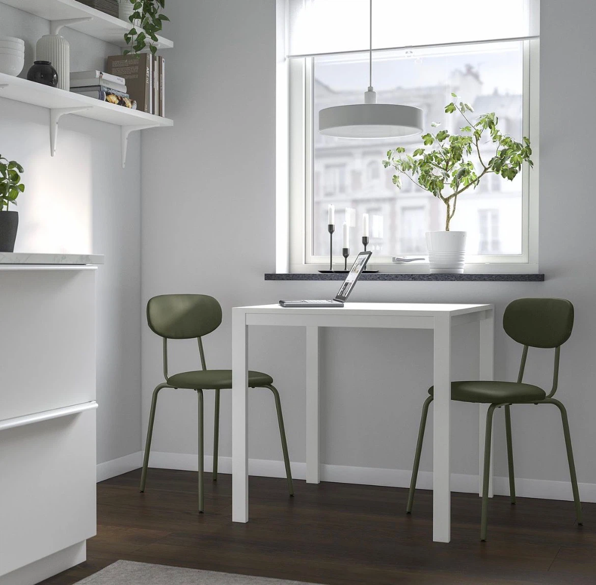 White dinning table with two dark green chairs - photo 5