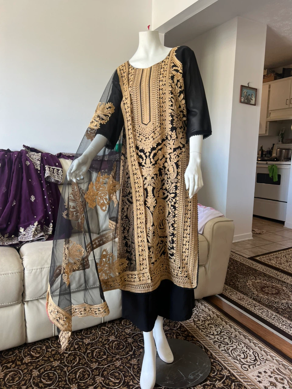 Black and Gold Embroidered Kurti with Dupatta