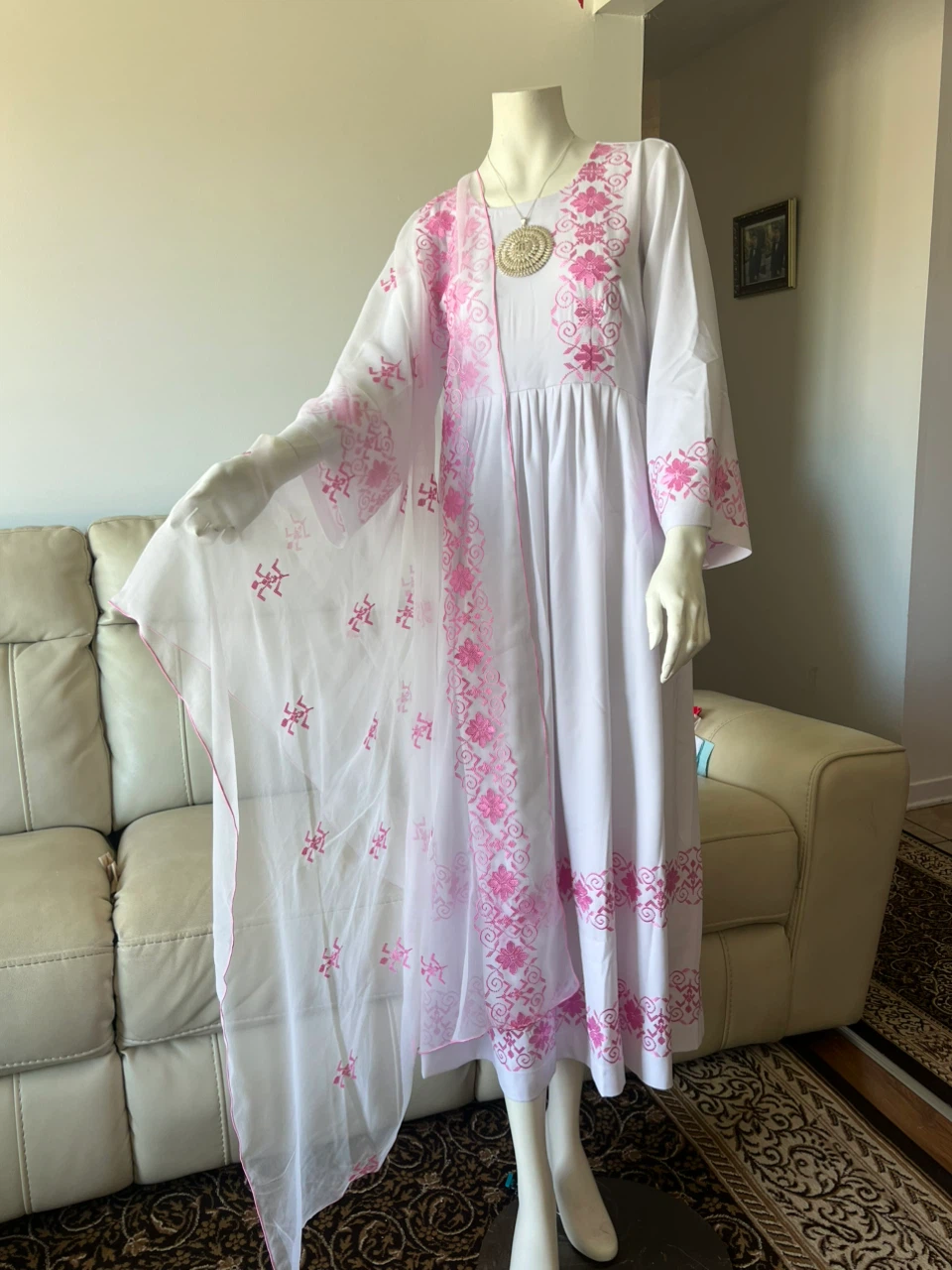 White Embroidered Dress with Pink Accents and Scarf