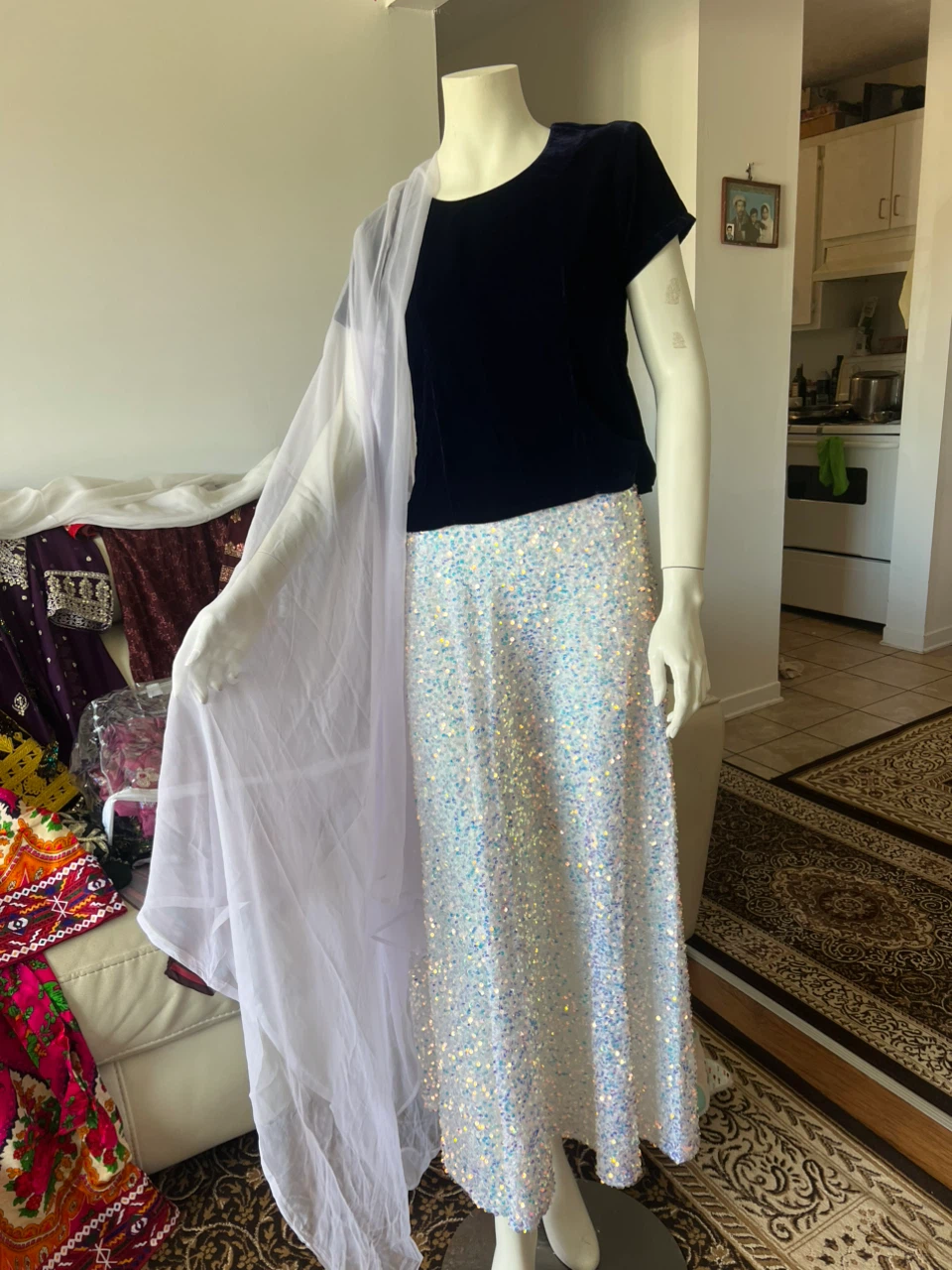 Sequin Maxi Skirt with Velvet Top and Chiffon Scarf