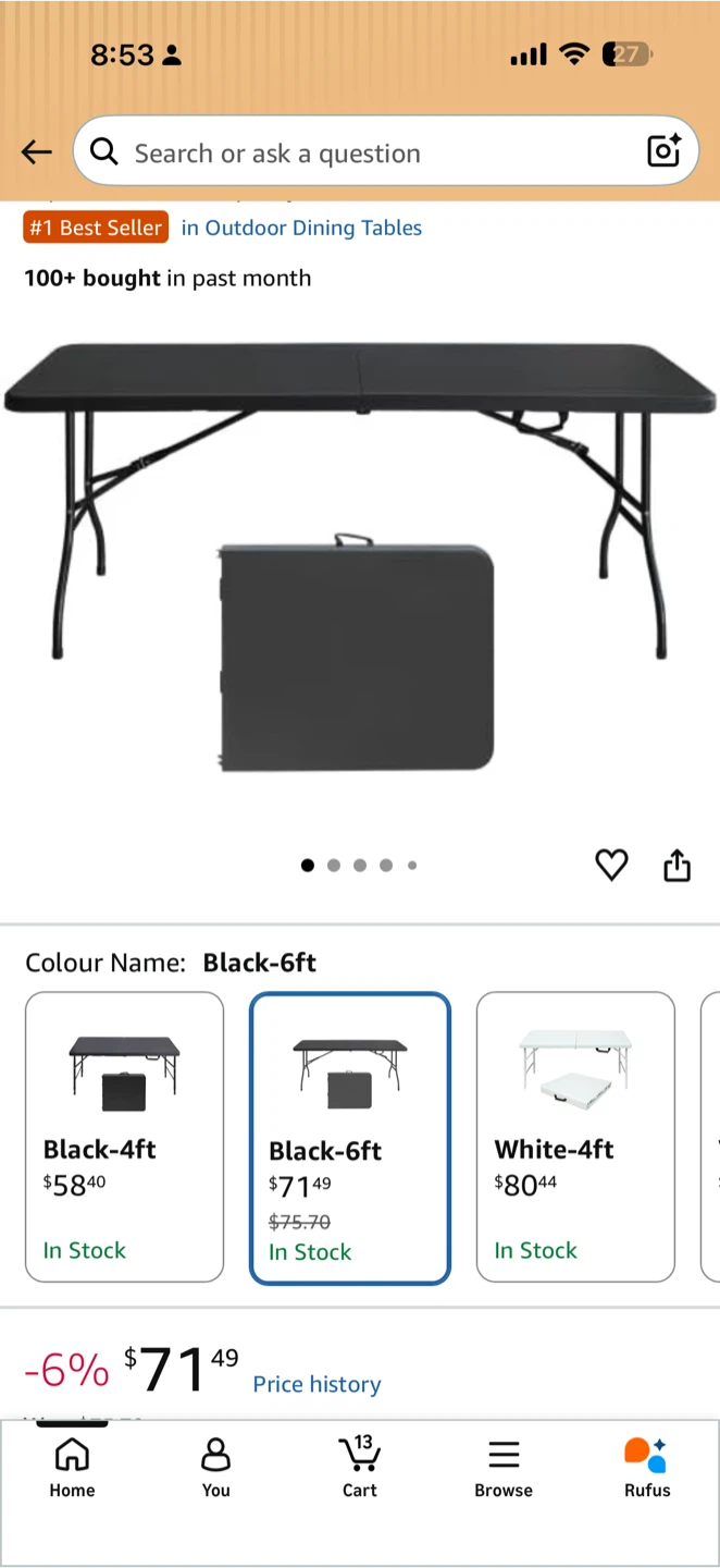 Black 6ft Folding Table