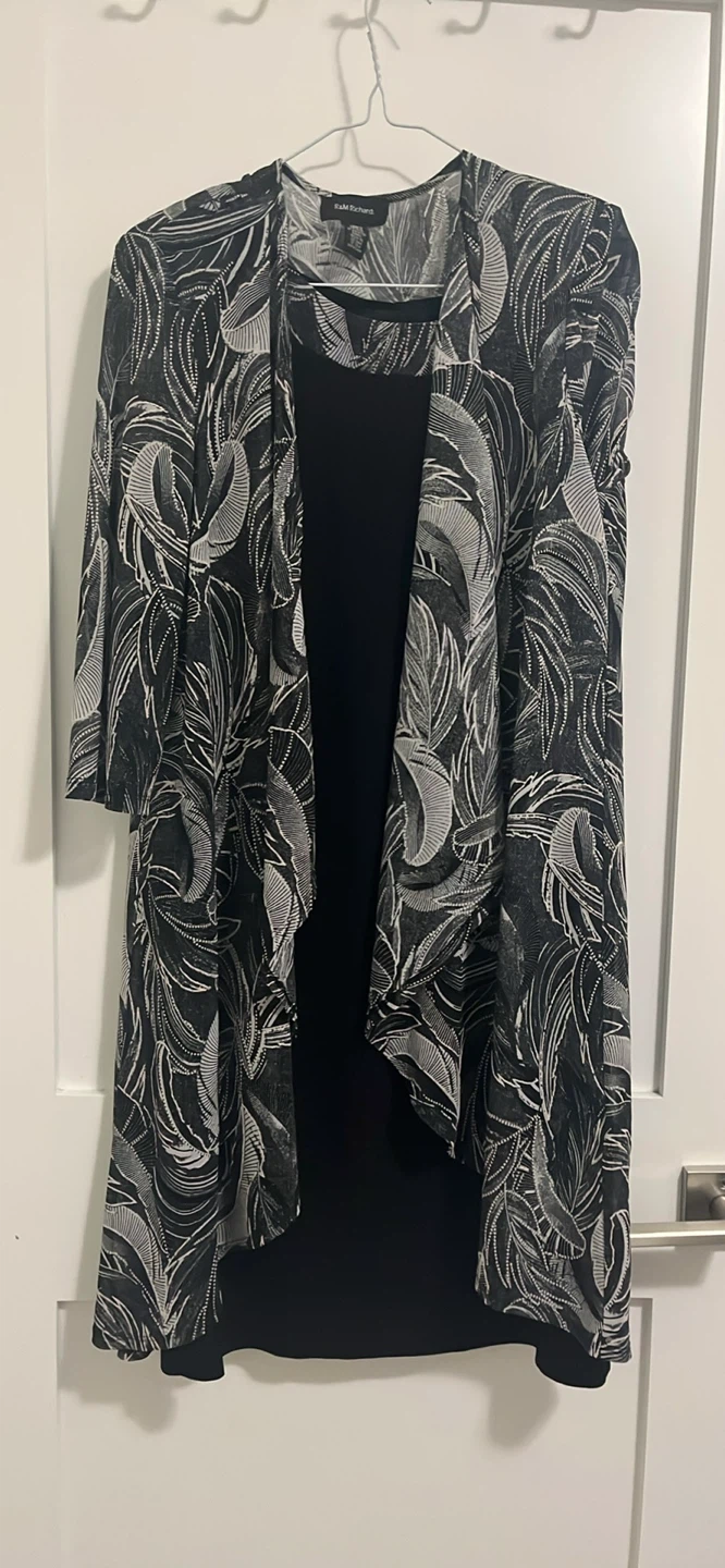 R&M Richards Black & White Leaf Print Duster Cardigan Size 14