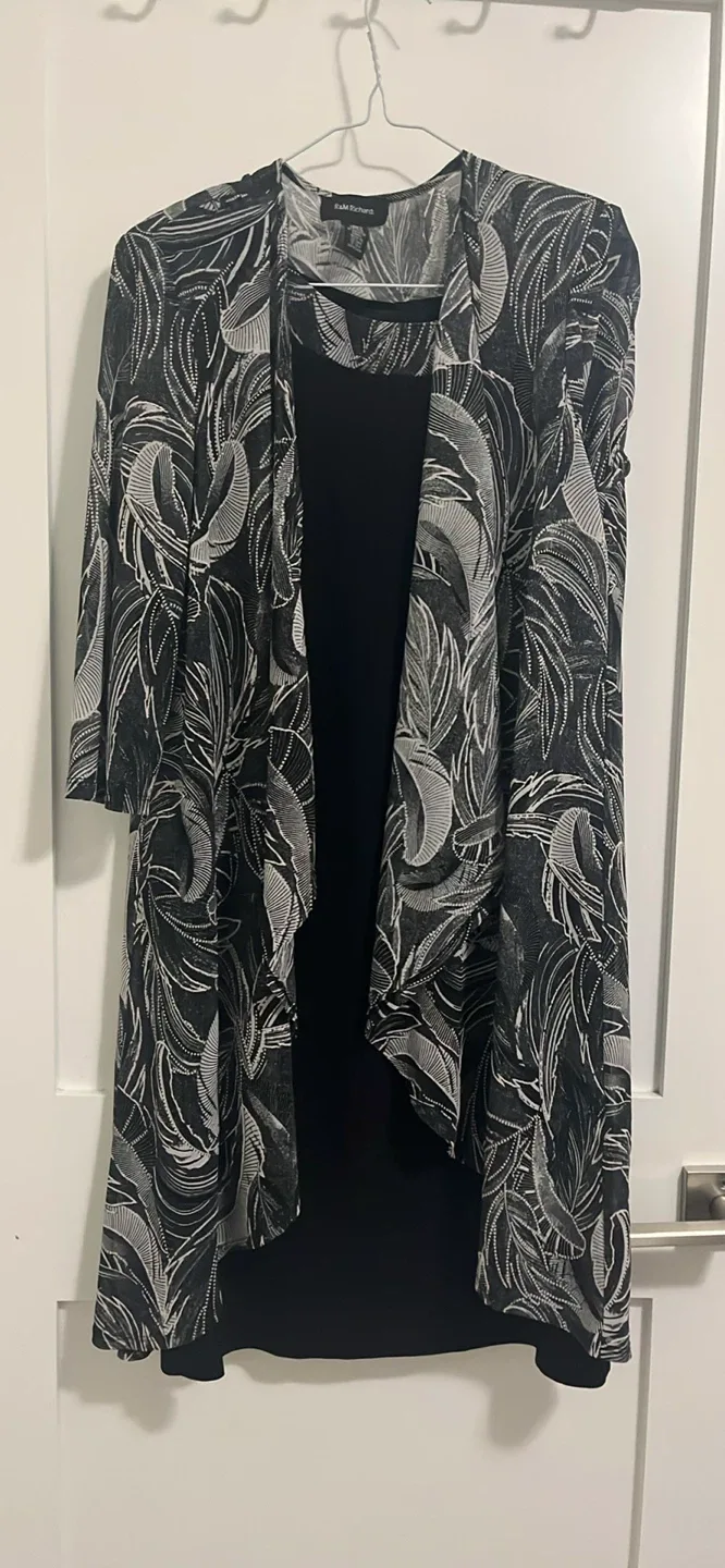 R&M Richards Black & White Leaf Print Duster Cardigan Size 14
