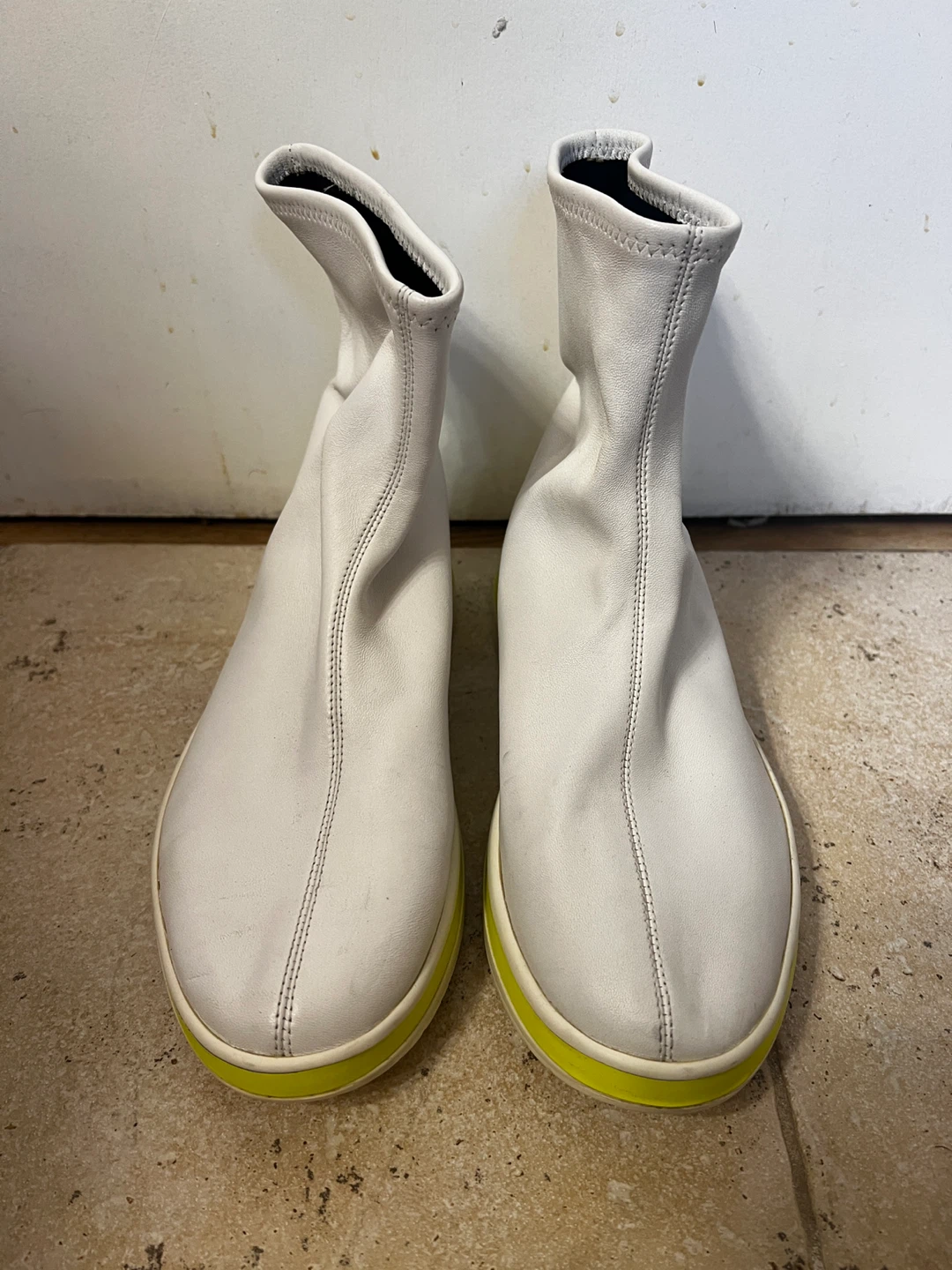 STUART WEITZMAN White Leather Sock Boots with Neon Yellow Sole