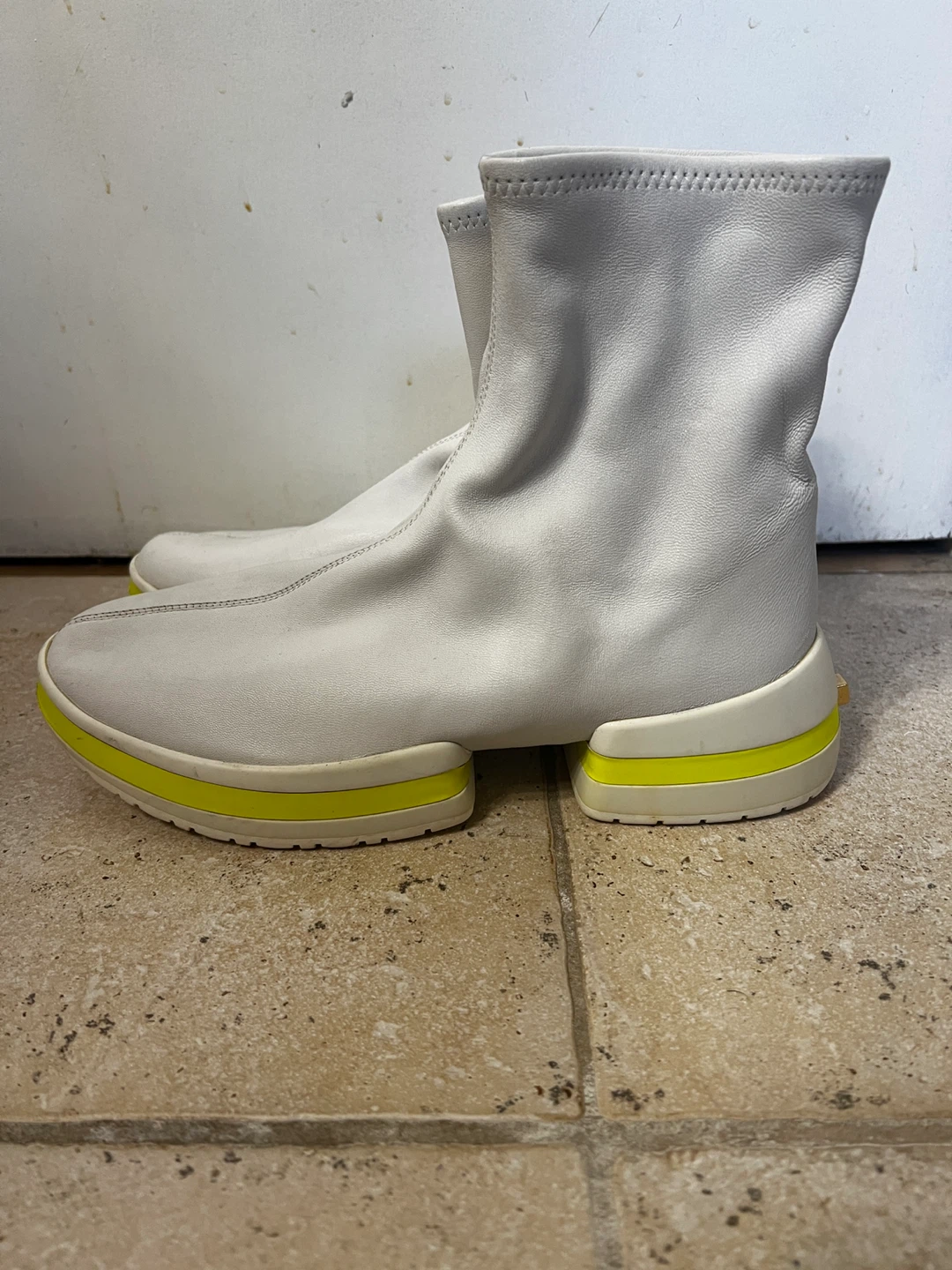 STUART WEITZMAN White Leather Sock Boots with Neon Yellow Sole - photo 2