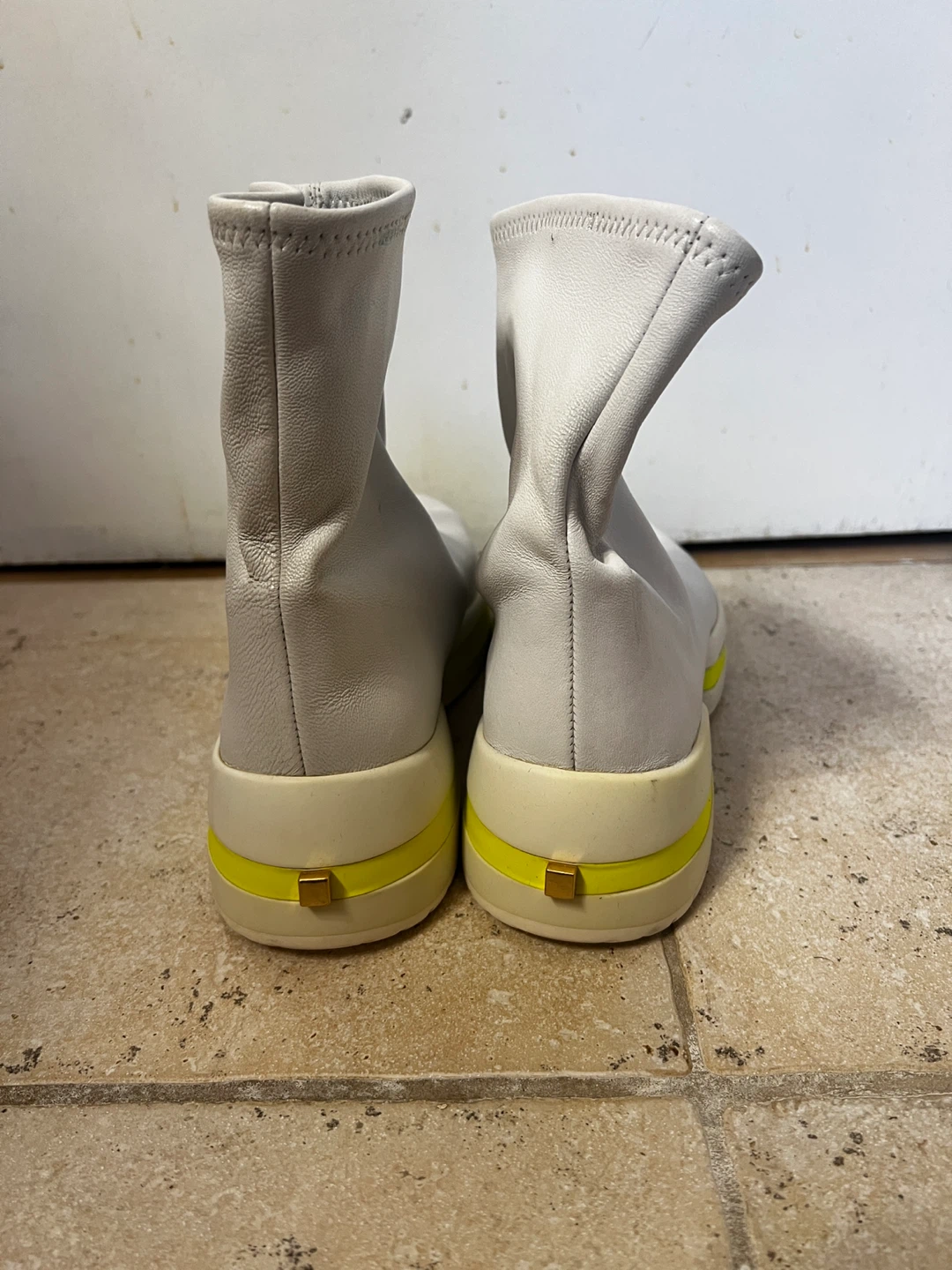 STUART WEITZMAN White Leather Sock Boots with Neon Yellow Sole - photo 3