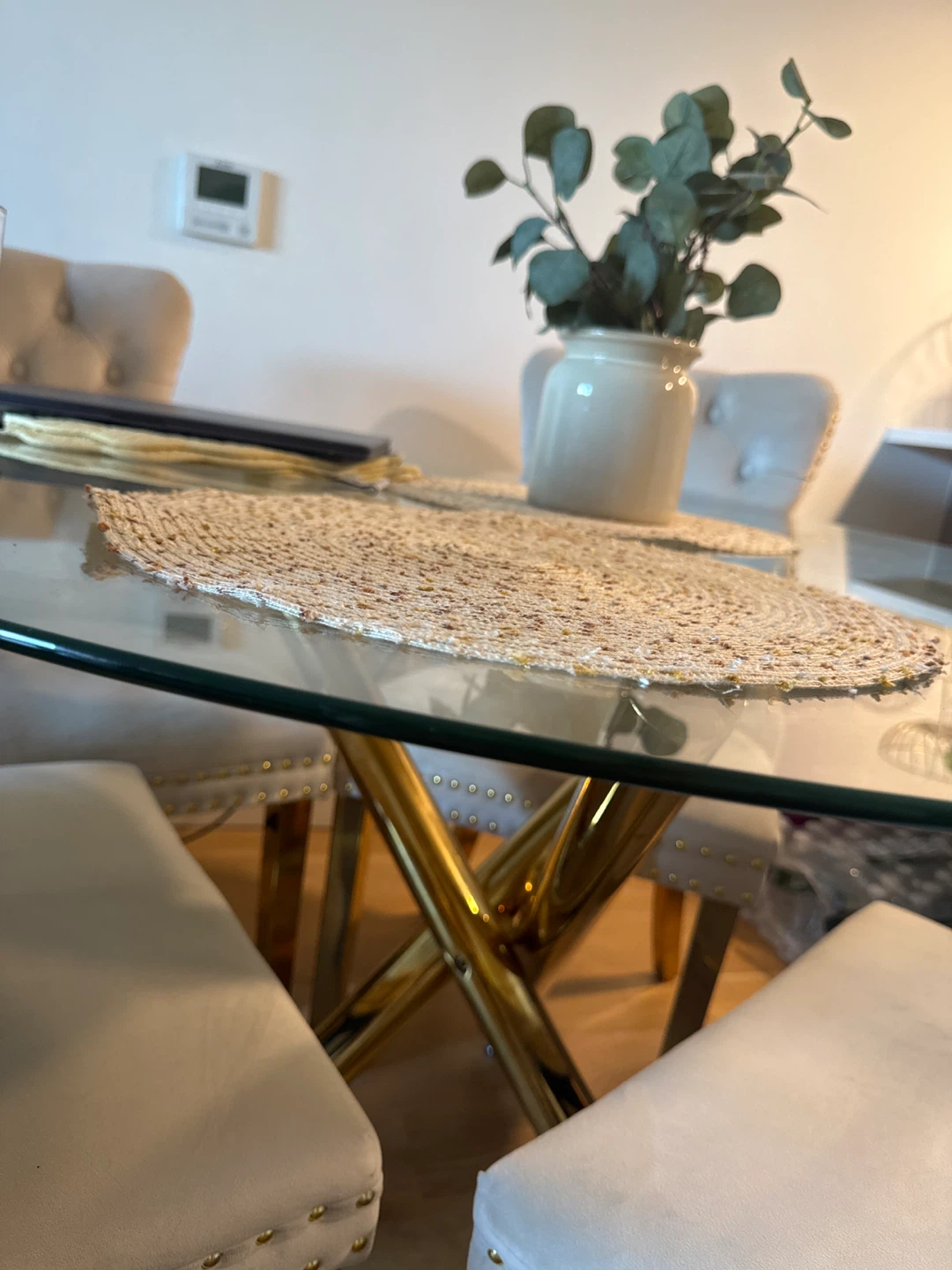 Glass Dining Table with Gold X-Base