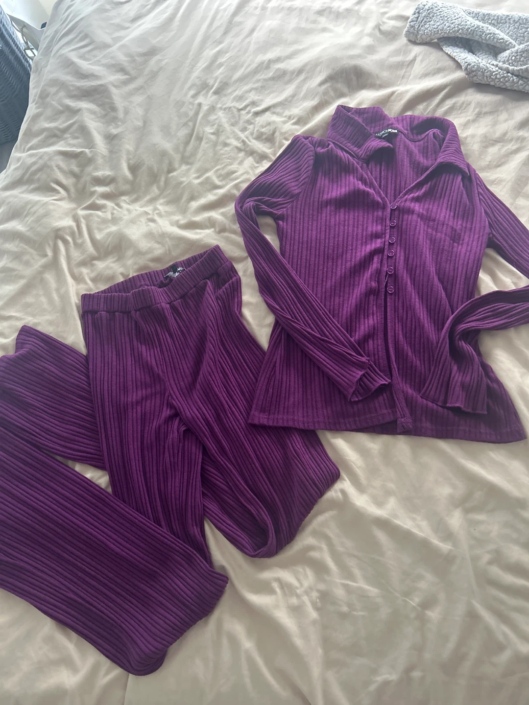 Fashion Nova Purple Ribbed Button-Up Top & Pants Set