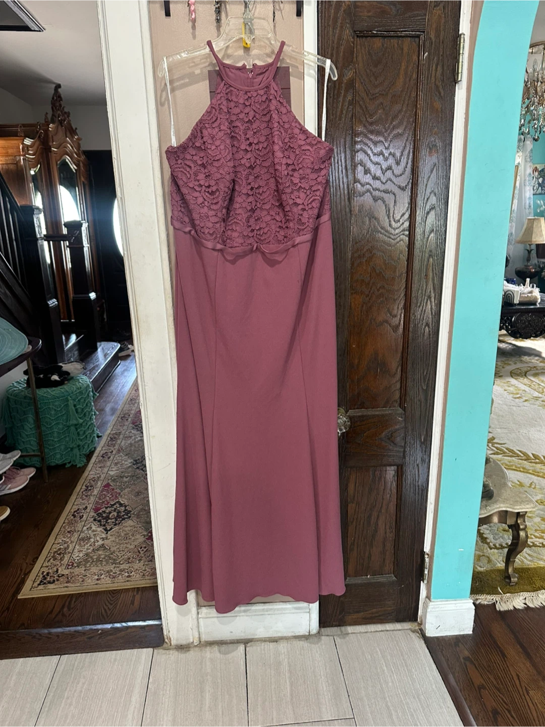 David's Bridal Mauve Lace Bodice Maxi Dress