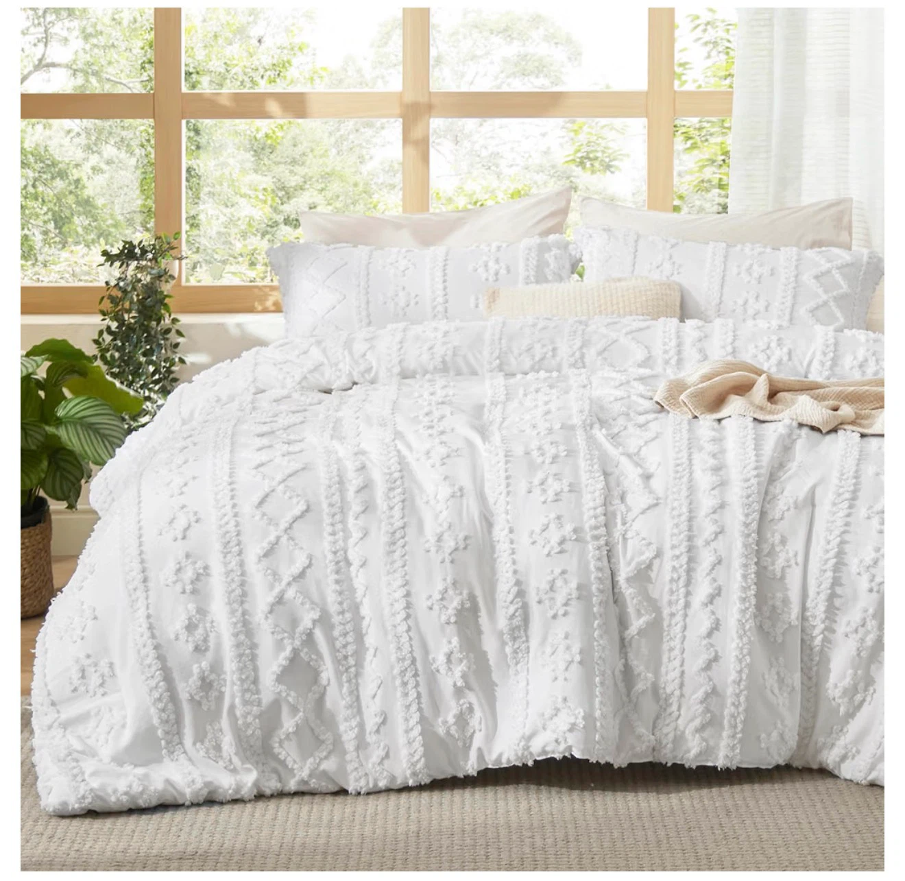 White Tufted Embroidery Comforter Set king size