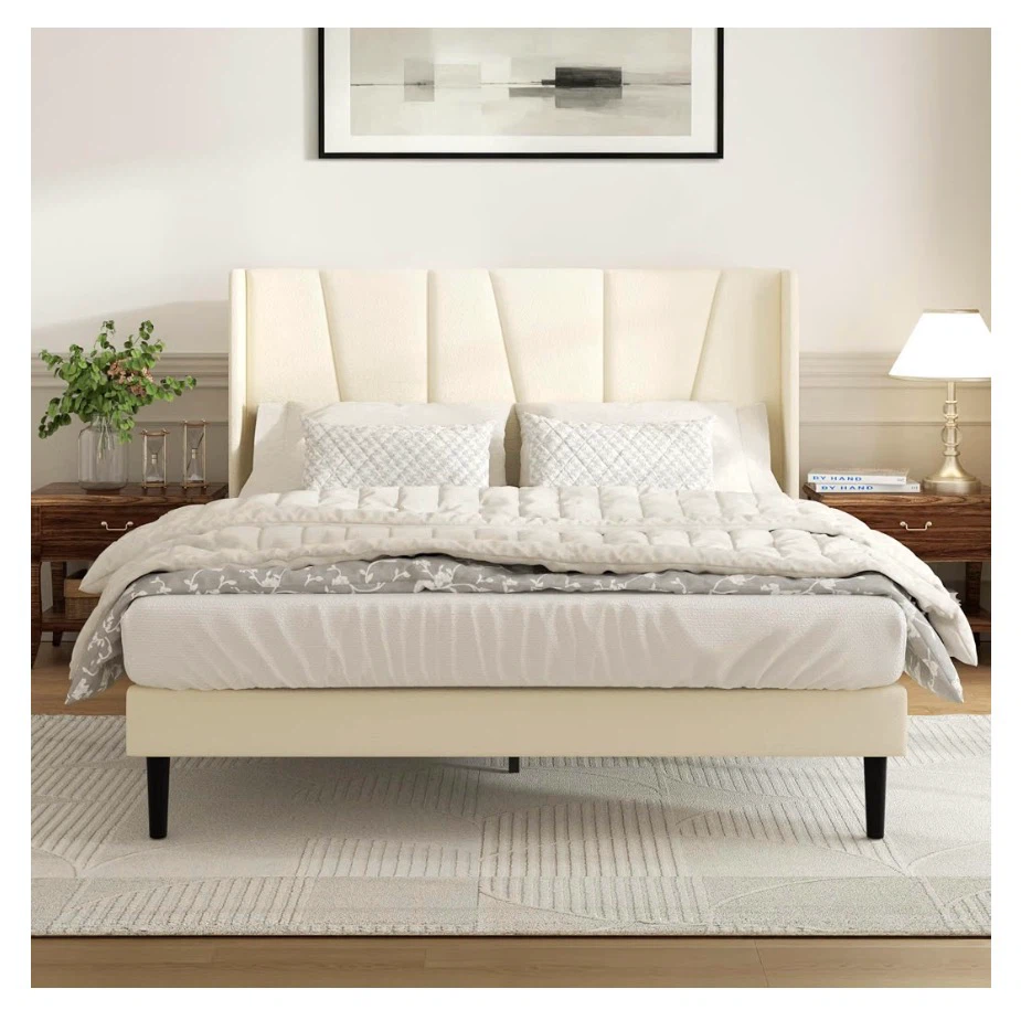 Cream Upholstered Queen Bed Frame with Geometric Headboard