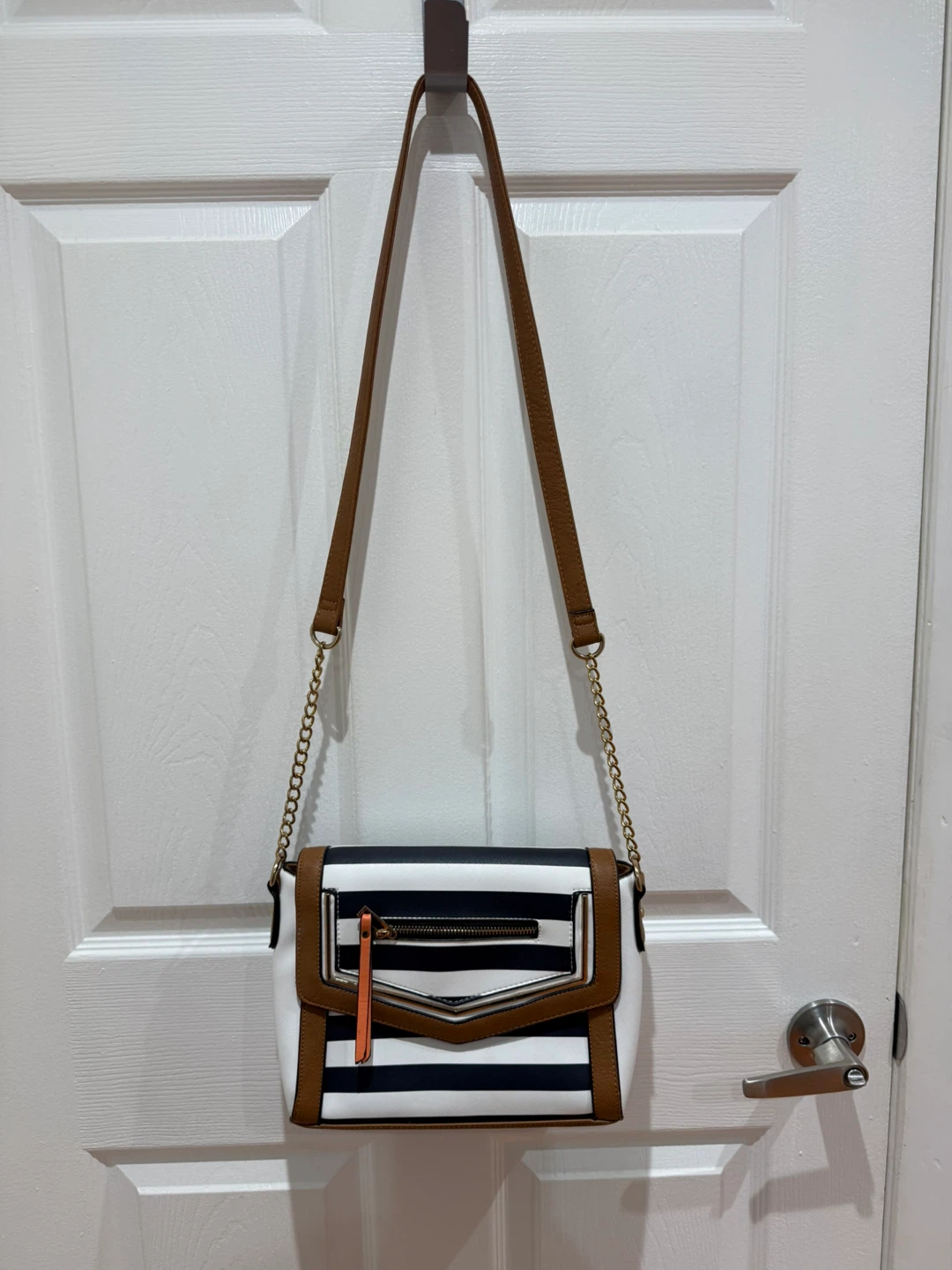 Striped Crossbody Bag with Brown Trim