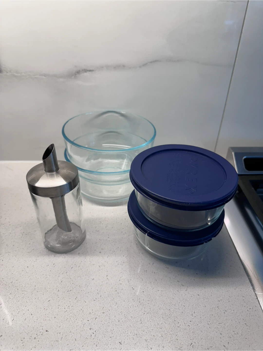 Pyrex Glass Bowls with Lids and ikea sugar dispenser