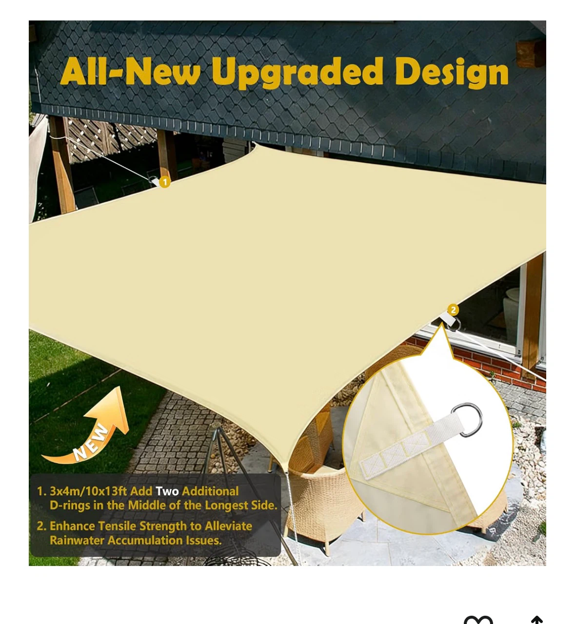 Sun Shade Sail 3x3 Beige Waterproof D Ring Design - photo 3