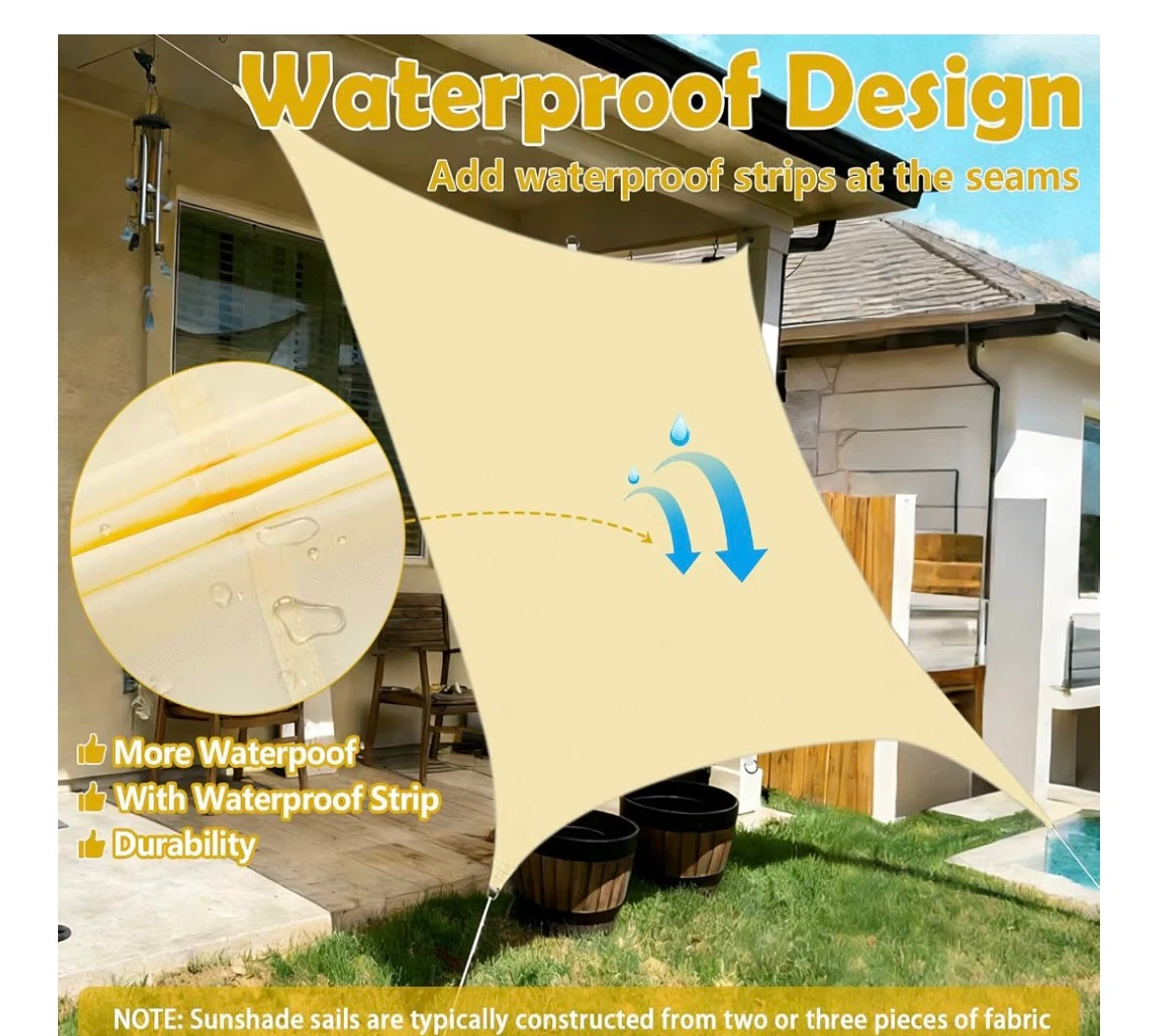 Sun Shade Sail 3x3 Beige Waterproof D Ring Design - photo 4