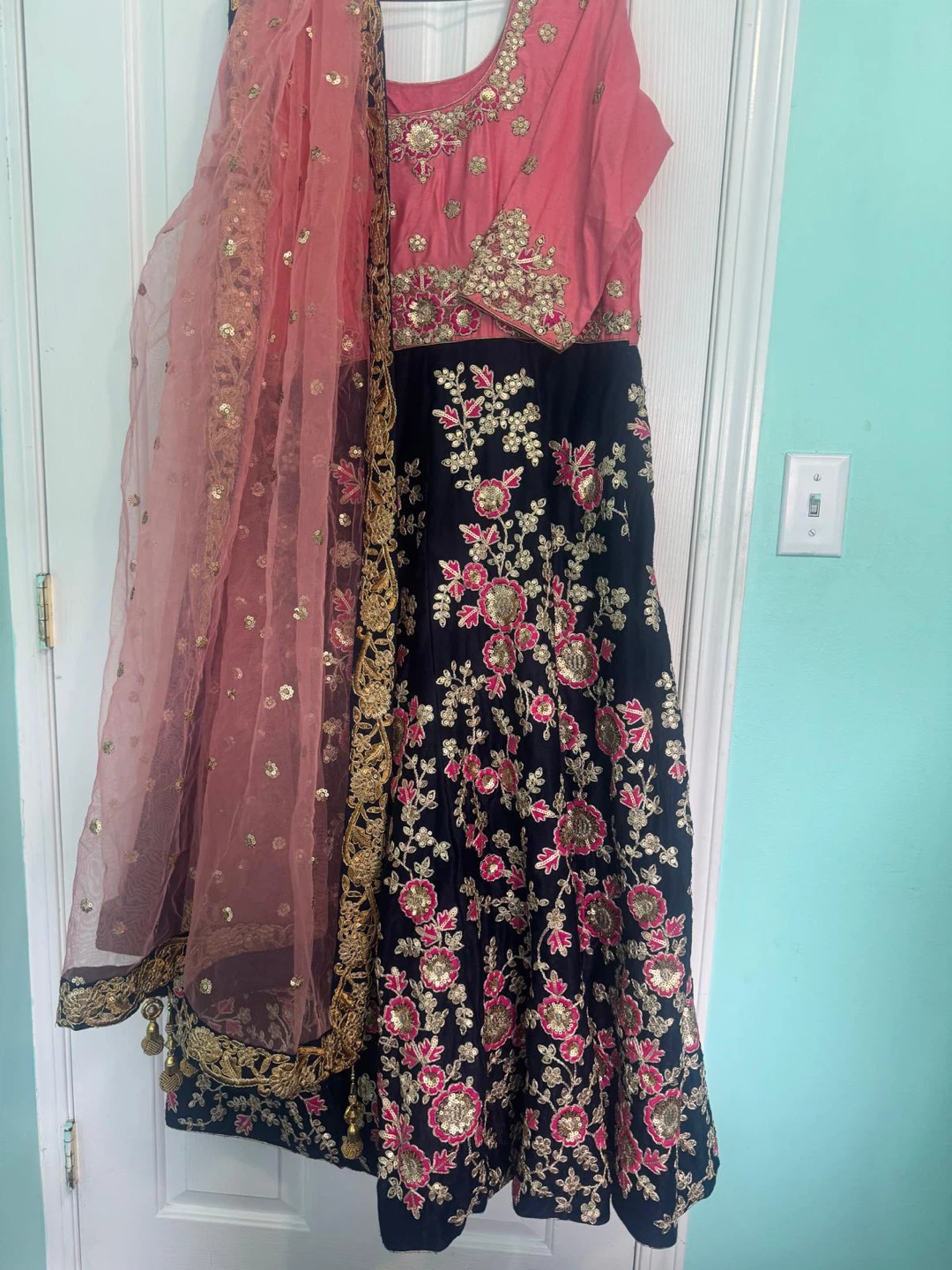 Pink and Black Embroidered Lehenga Choli Dupatta Set