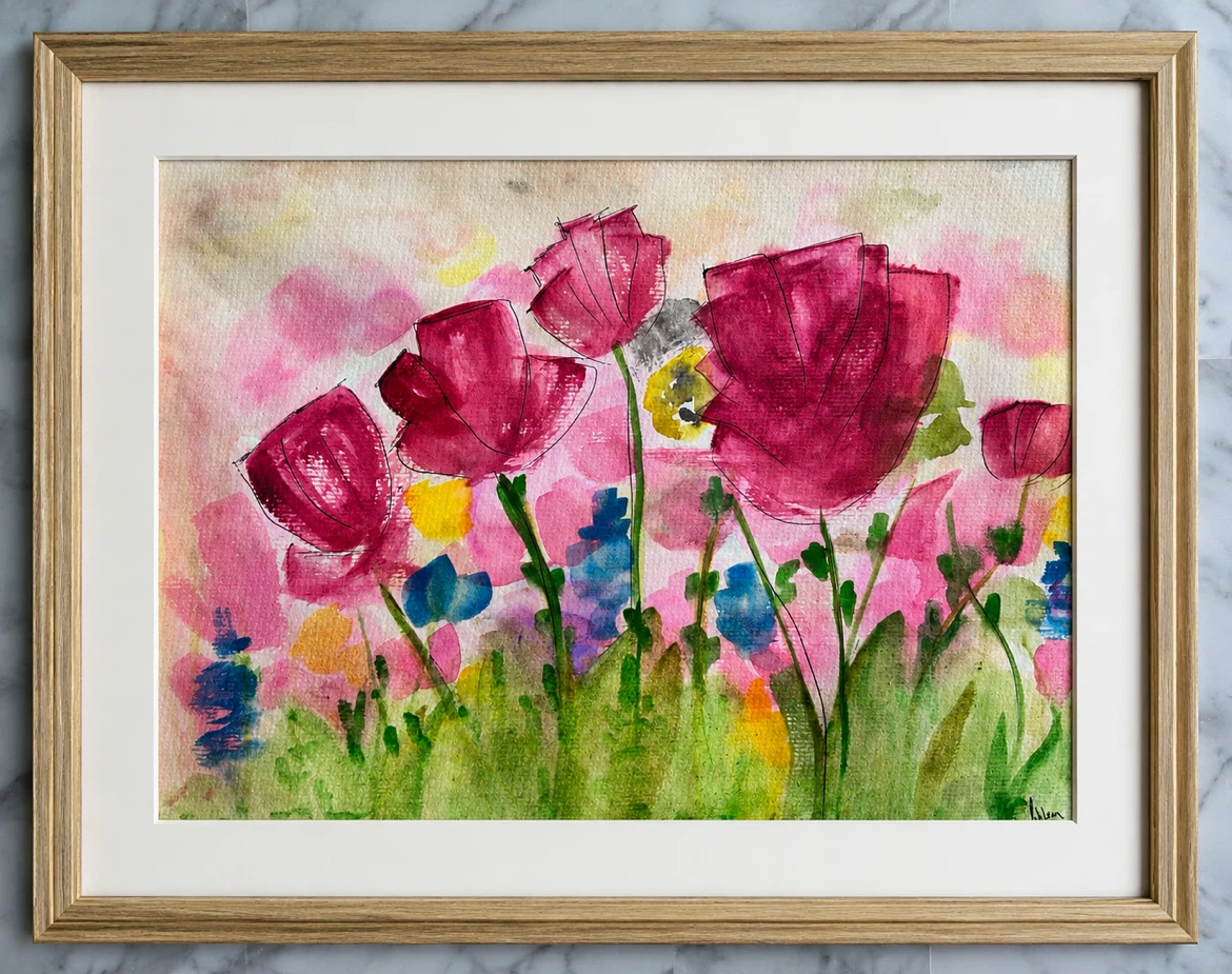 Watercolor Painting of Abstract Flowers