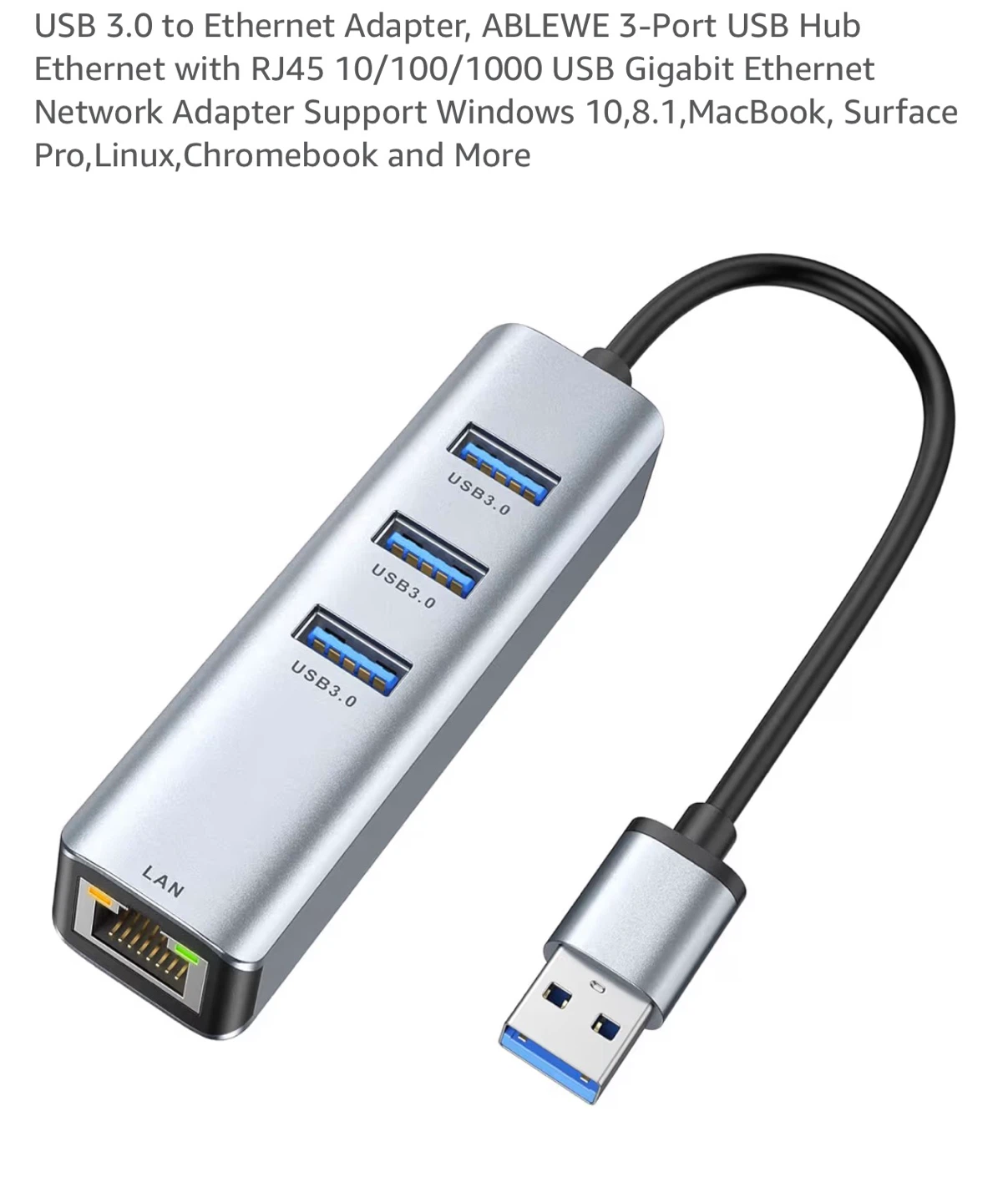 ABLEWE 3-Port USB 3.0 Hub to Ethernet Adapter