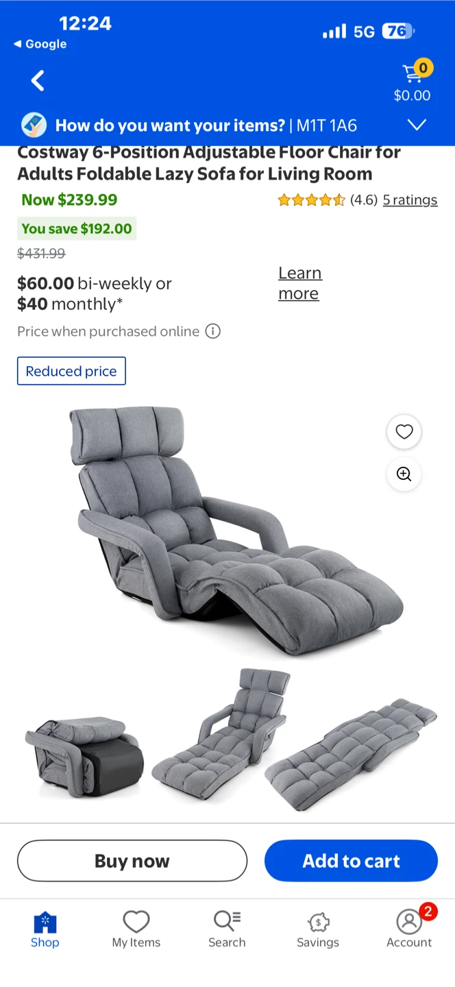 Costway 6-Position Adjustable Foldable Lazy Sofa Floor Chair