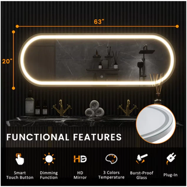 LED Oval Vanity Mirror with Light - 63" x 20" - photo 2