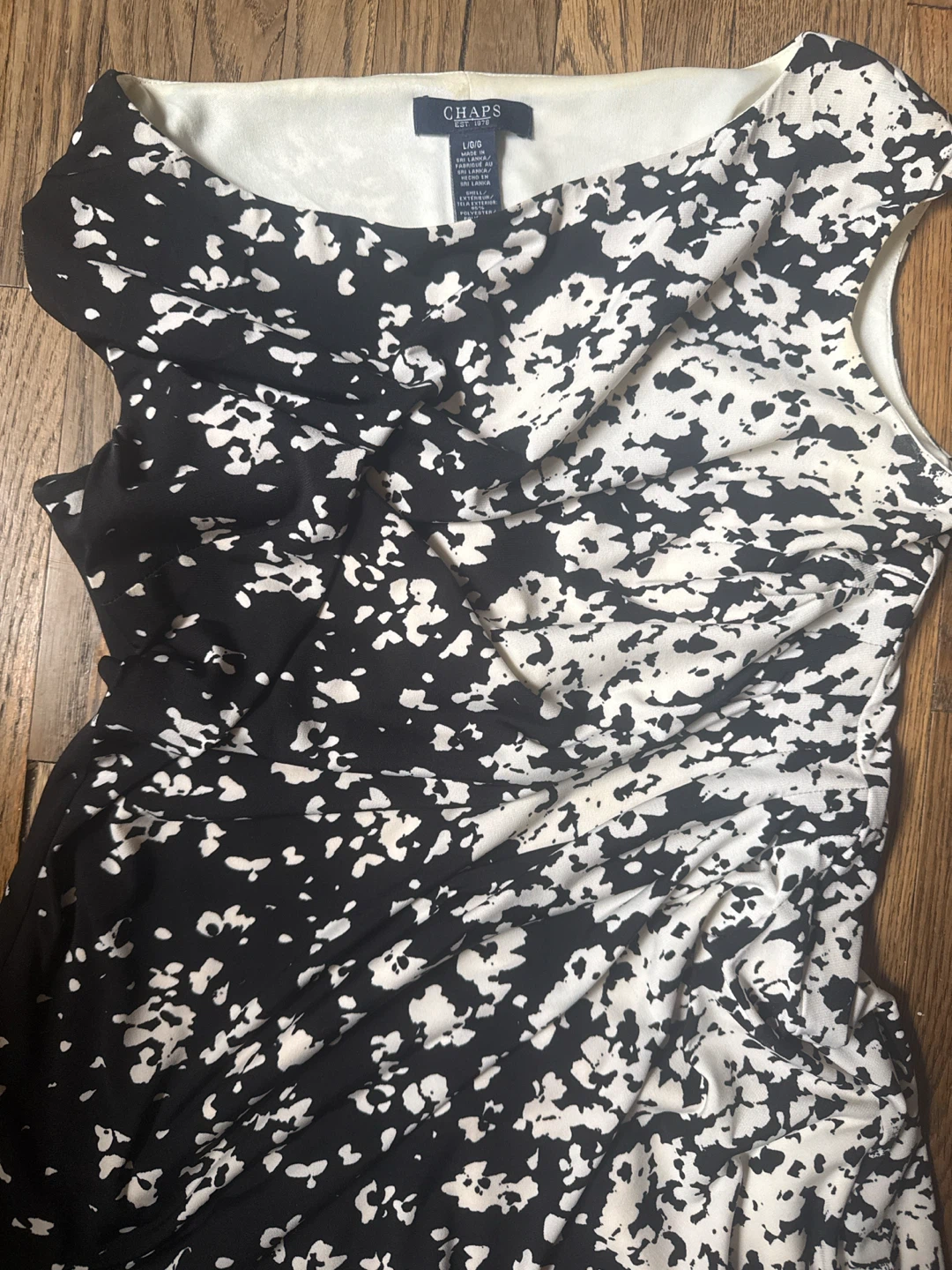 Chaps Sleeveless Ruched Sheath Dress Black White Print - photo 4