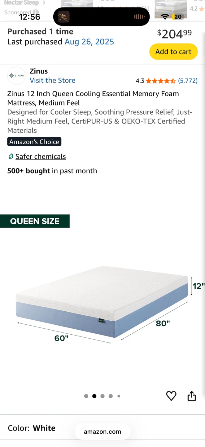 Zinus 12 Inch Queen Cooling Essential Memory Foam Mattress