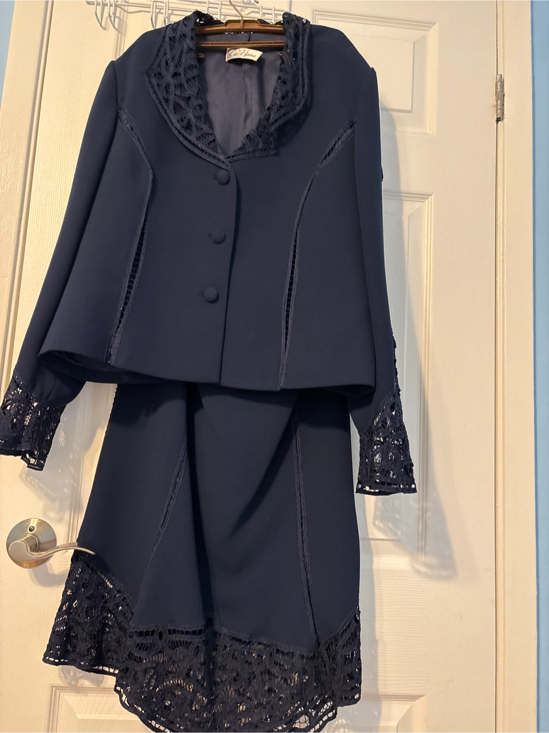 Navy Blue Skirt Suit with Lace Detail
