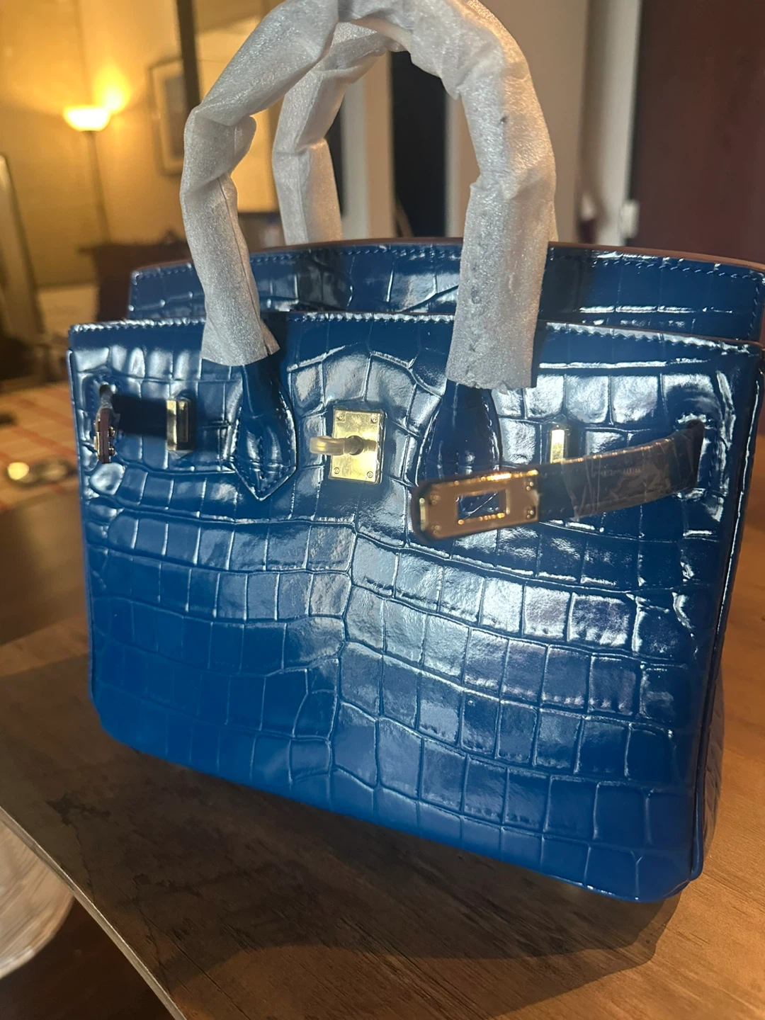 Blue Croc Embossed Top Handle Handbag