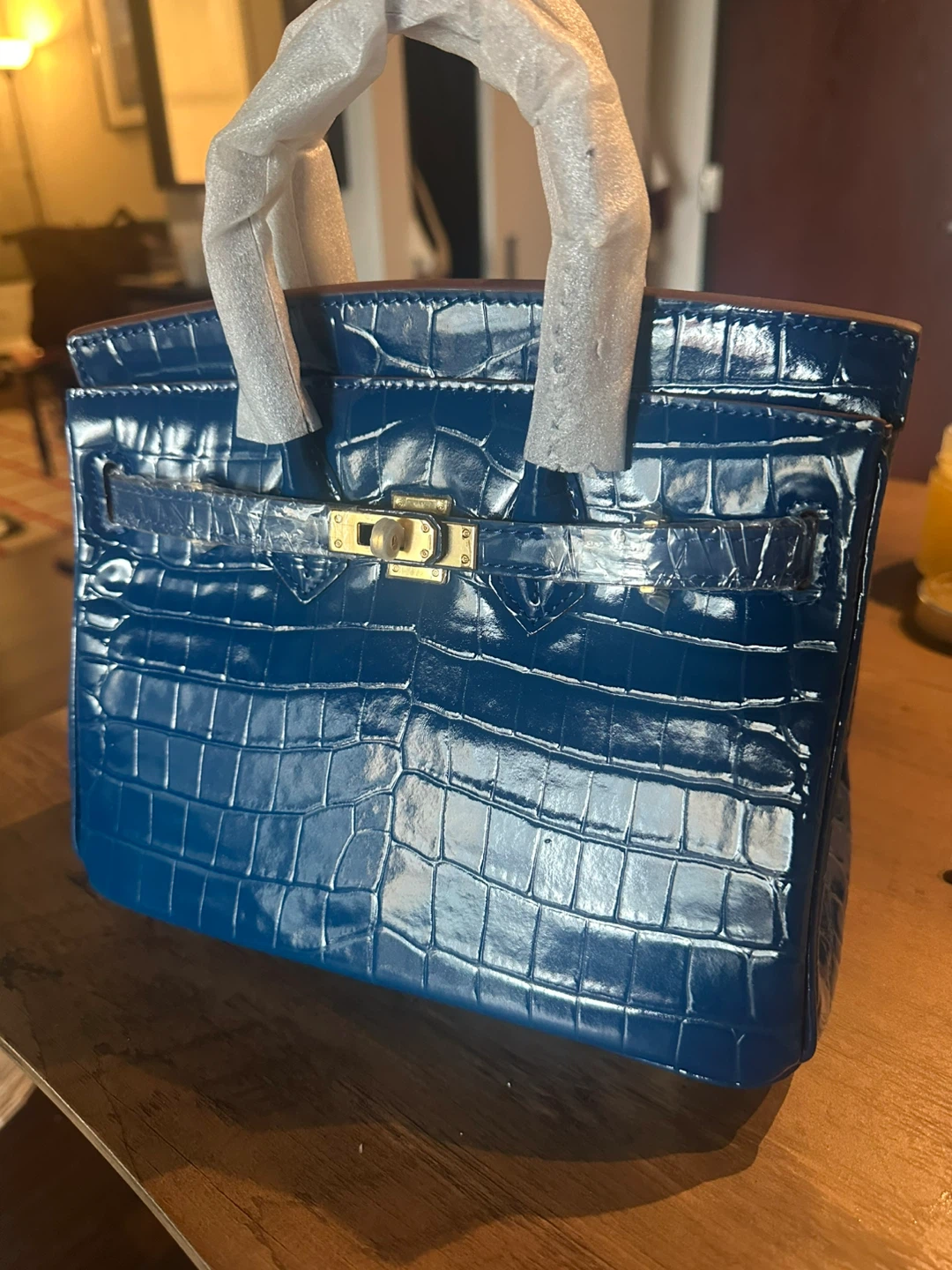 Blue Croc Embossed Top Handle Handbag - photo 2