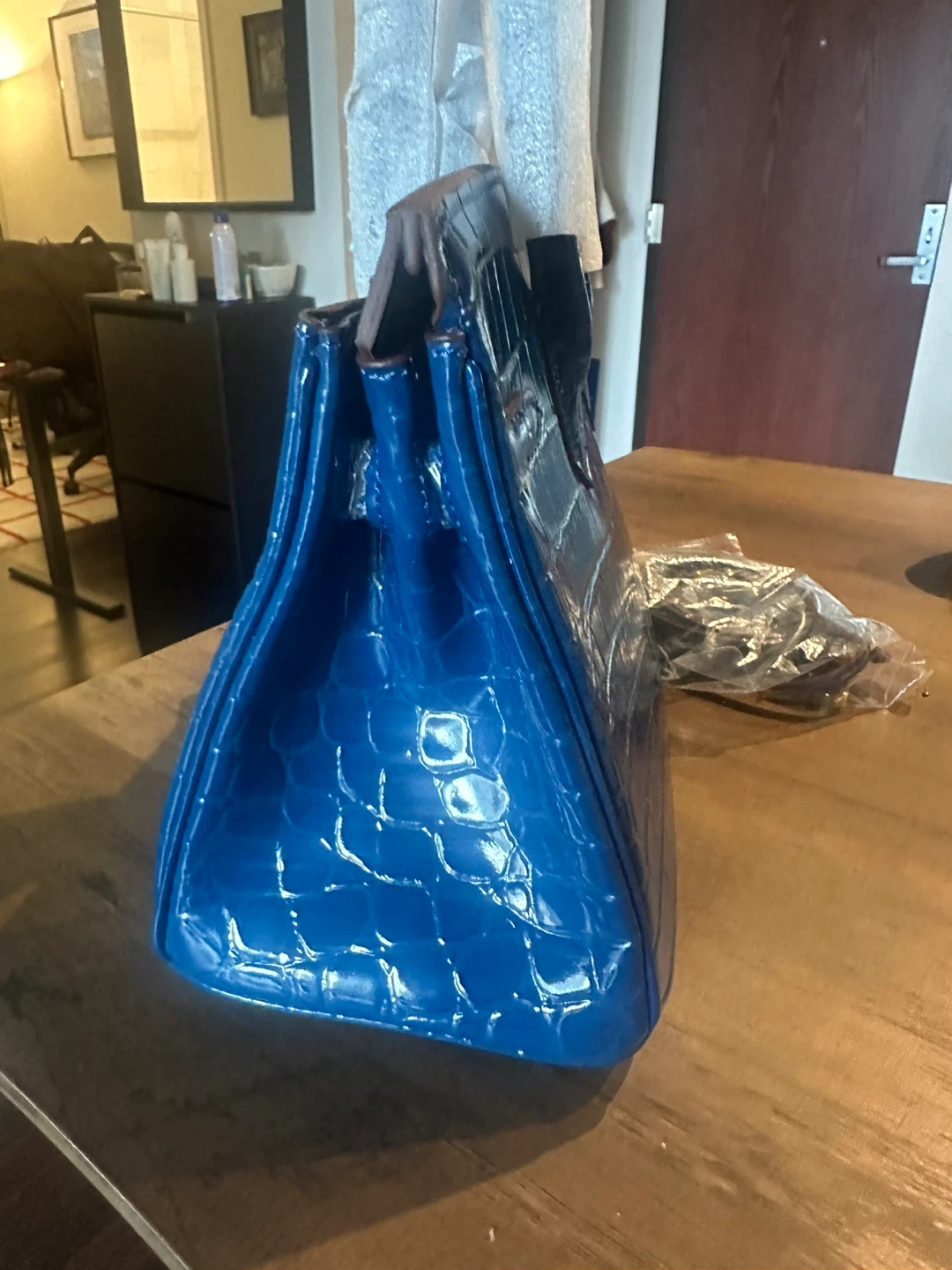 Blue Croc Embossed Top Handle Handbag - photo 4