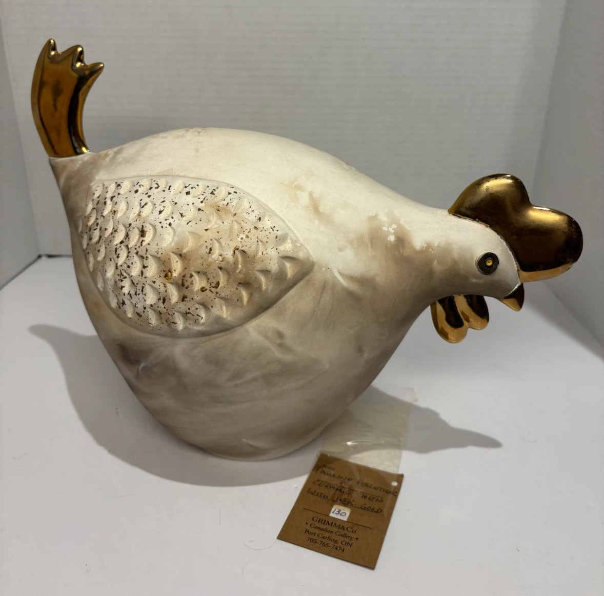 Pauline Pelletier Ceramic Hen Sculpture with Gold Accents