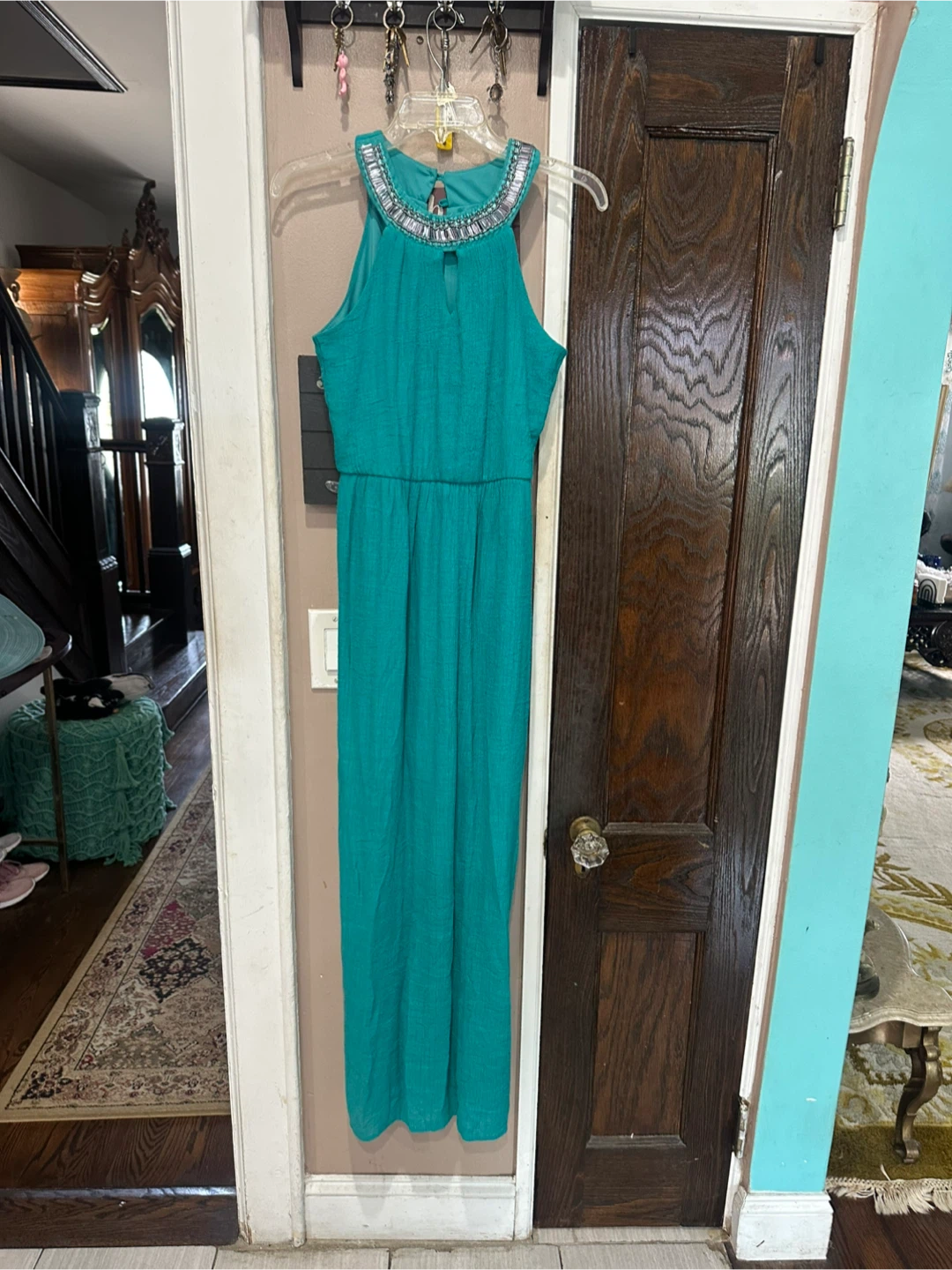 Teal Beaded Halter Maxi Dress