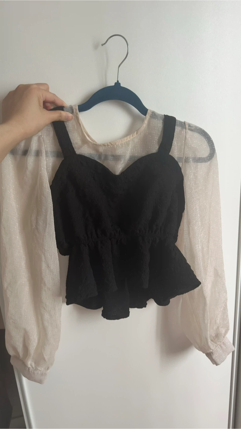 Black Peplum Top with Sheer Glitter Sleeves