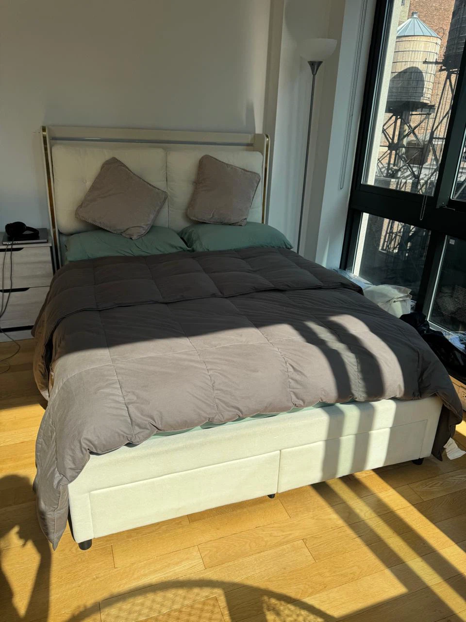 White Storage Bed Frame with Upholstered Headboard